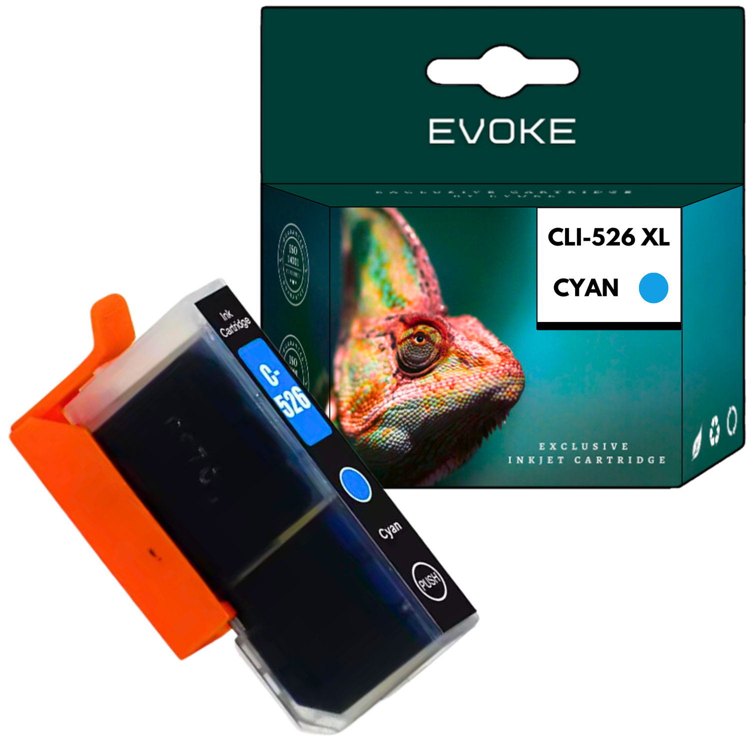 Przed tobą wkład z pomarańczowym uchwytem. Z tyłu pudełko z kameleonem i napisem 'CLI-526 XL CYAN'.