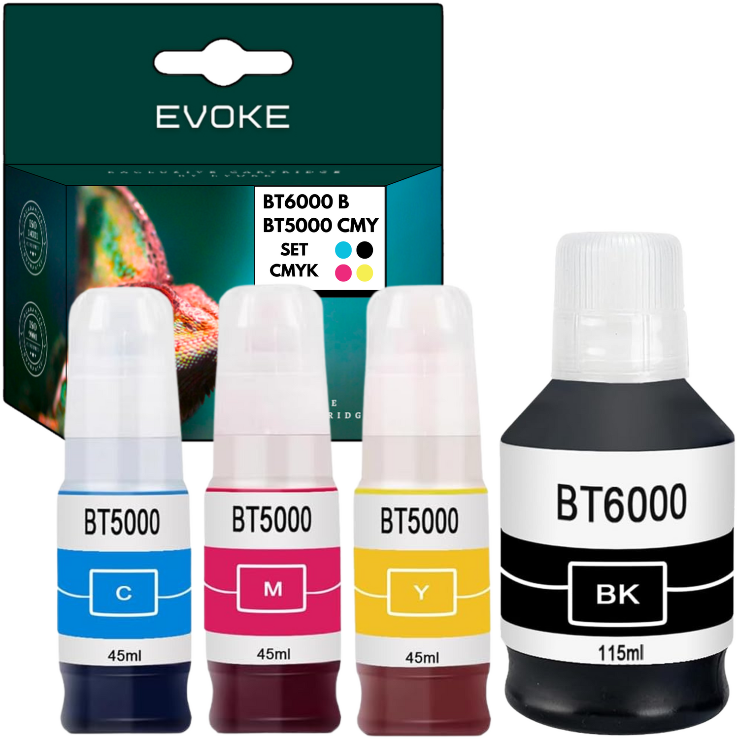 Butelki z tuszem: cyjan, magenta, żółty i czarny. Pudełko wyświetla markę i tekst 'BT6000 B, BT5000 CMY, SET, CMYK'.