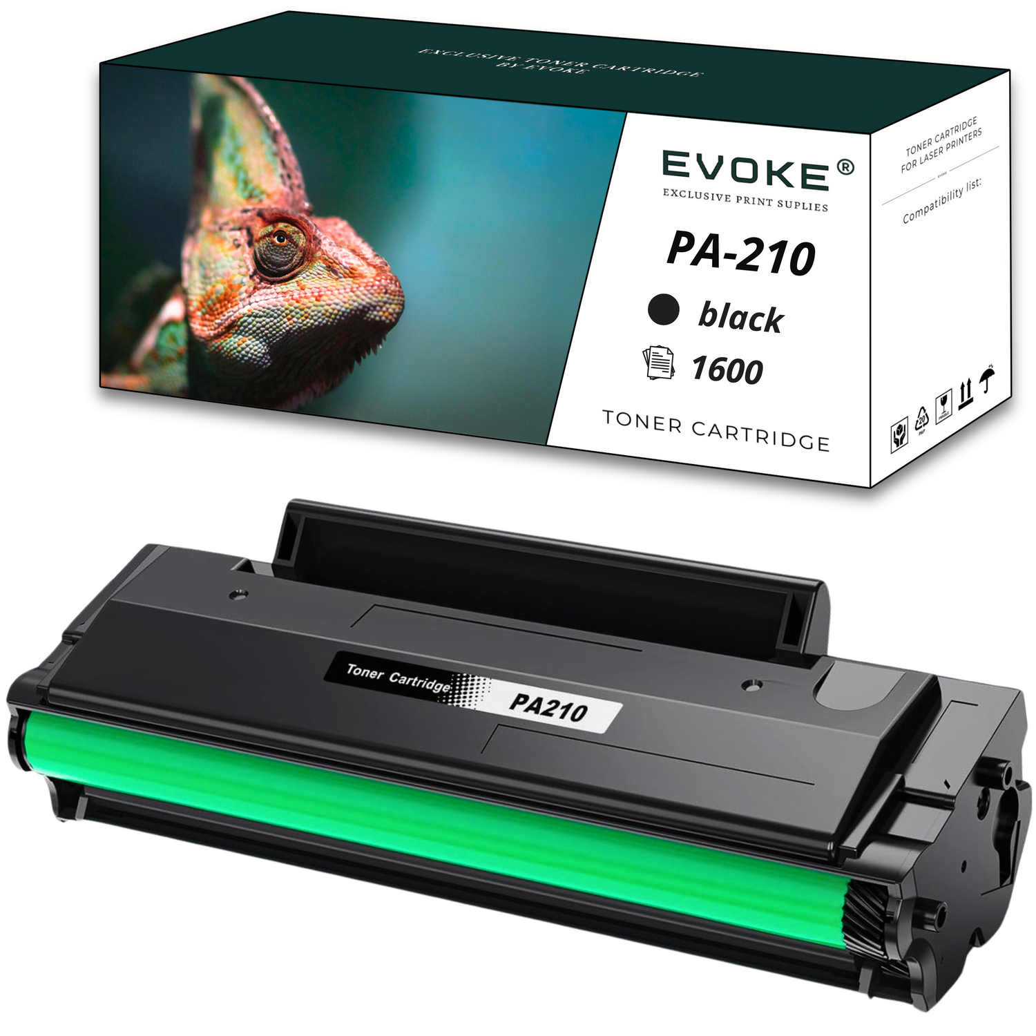 Pudełko z tonerem ze zdjęciem kameleona i czarny toner. Na pudełku napis PA-210, czarny, 1600 i Toner Cartridge.