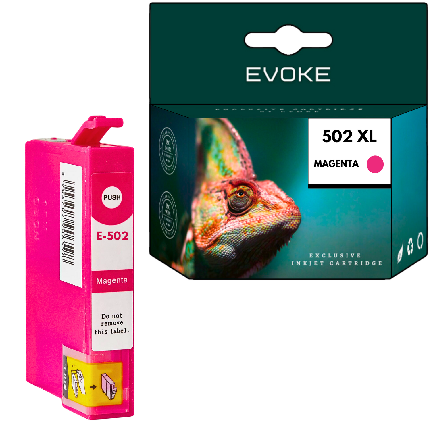 Przedstawiono magenta wkład atramentowy i jego pudełko. Na pudełku znajduje się kameleon. Tekst zawiera 'EVOKE' i '502 XL MAGENTA'.