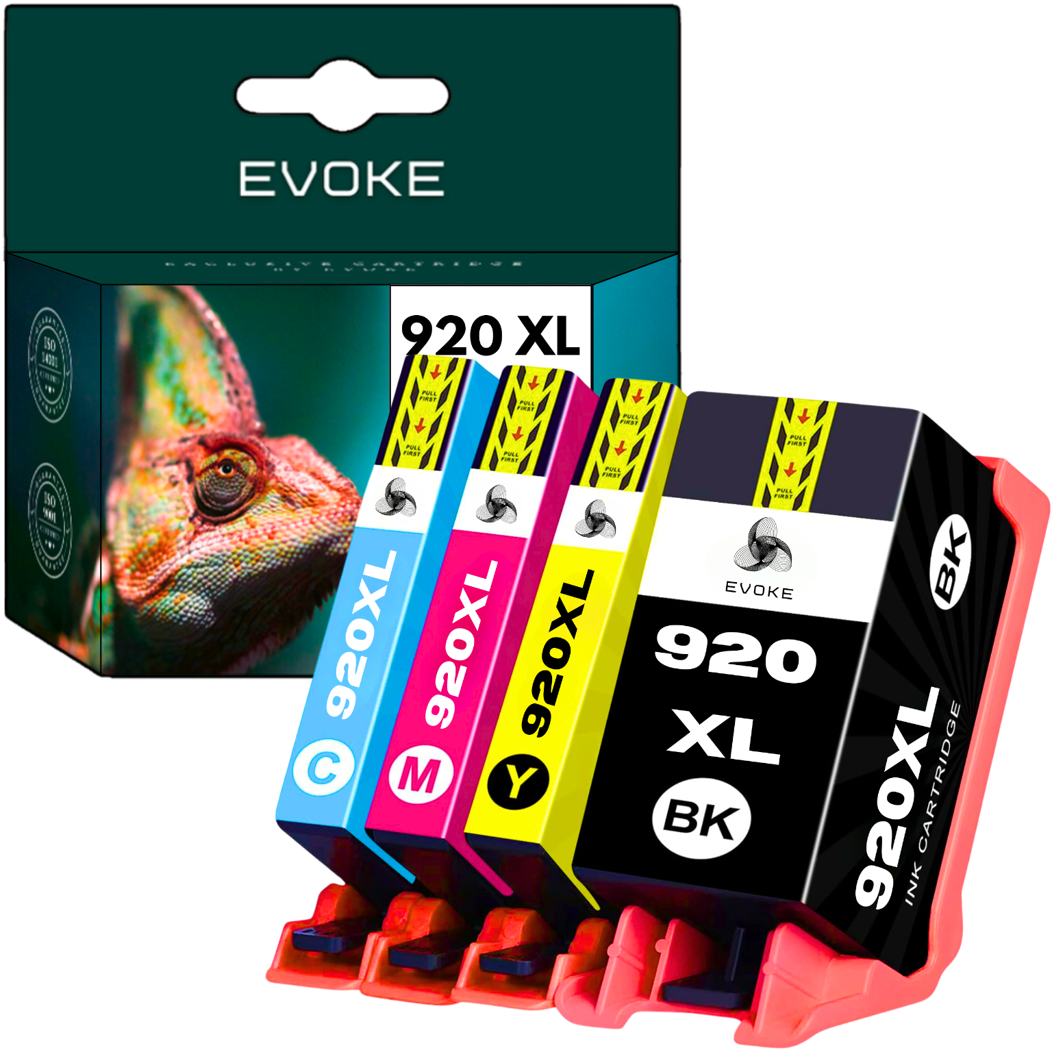 Kartridże z tuszem, cyjan, magenta, żółty i czarny, oznaczone 920XL. Na zdjęciu widoczny jest również kameleon i marka Evoke.