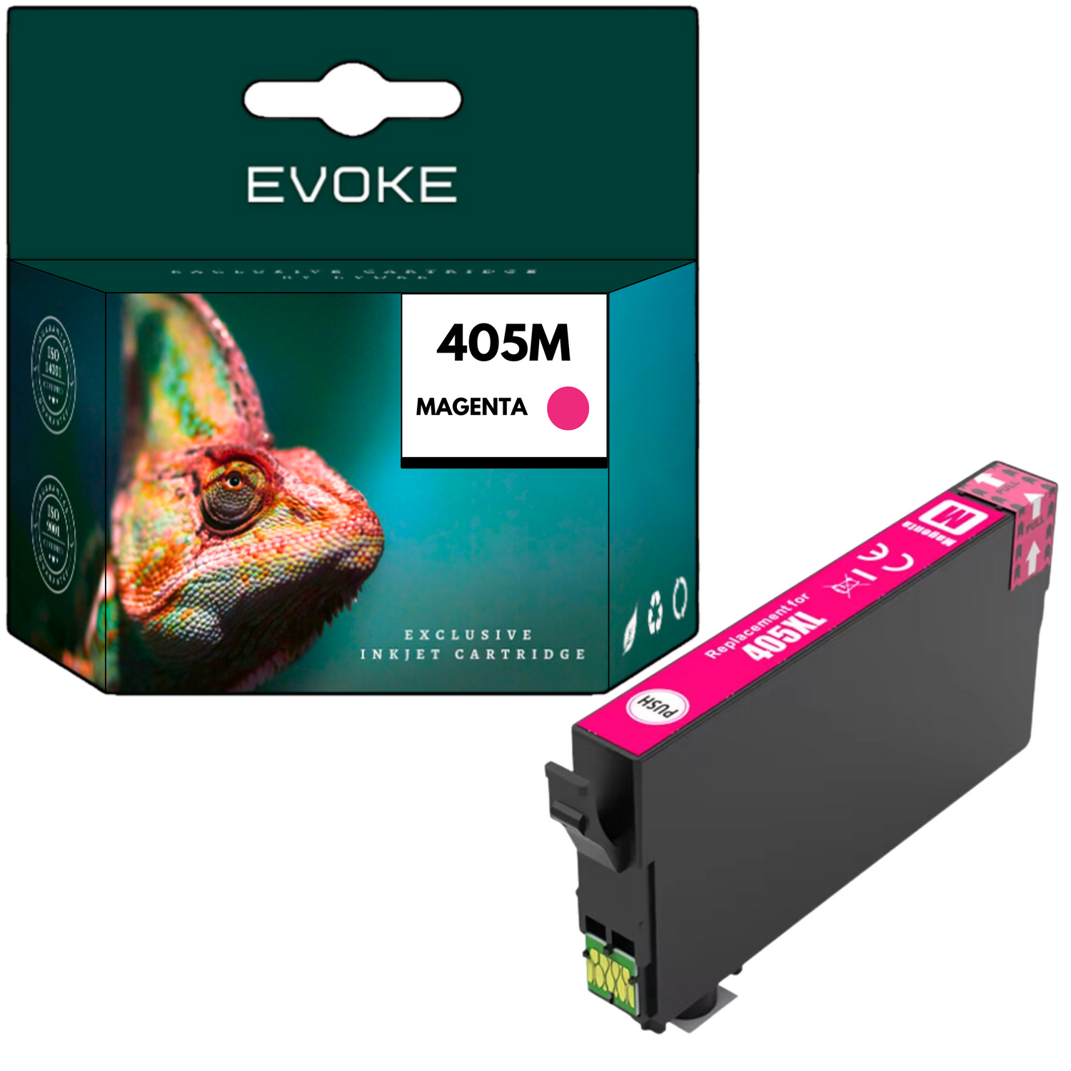 Pudełko z wkładem atramentowym Evoke z kameleonem i wkładem magenta, oznaczonym 405XL. Na pudełku napis 405M Magenta.