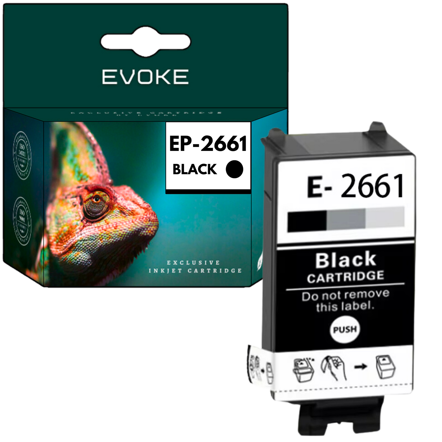 Obraz przedstawia wkład atramentowy i jego pudełko. Pudełko ma wizerunek kameleona. Wkład jest czarny z napisem 'Black Cartridge'.