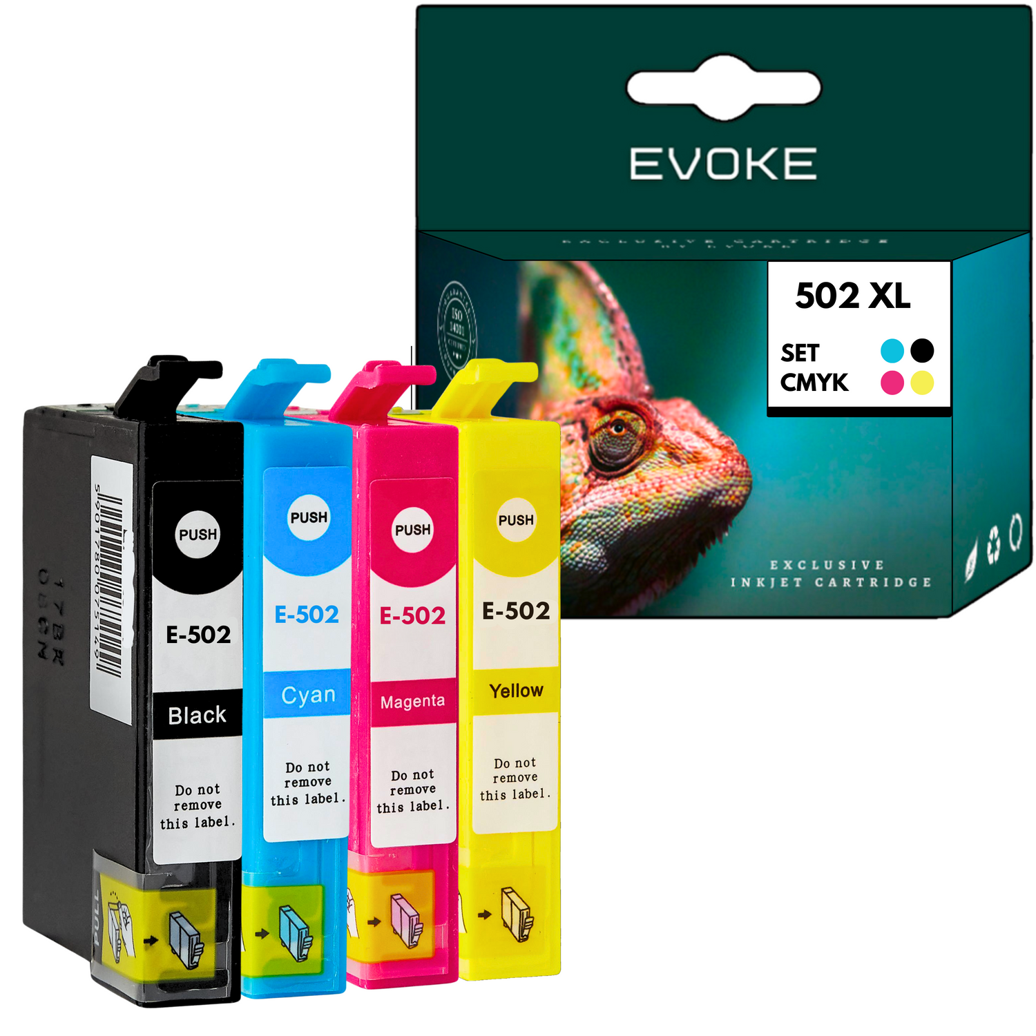 Kartridże z tuszem: czarny, cyjan, magenta, żółty, z etykietą E-502. Pudełko ze zdjęciem kameleona, tekst 'EVOKE 502 XL SET CMYK'.