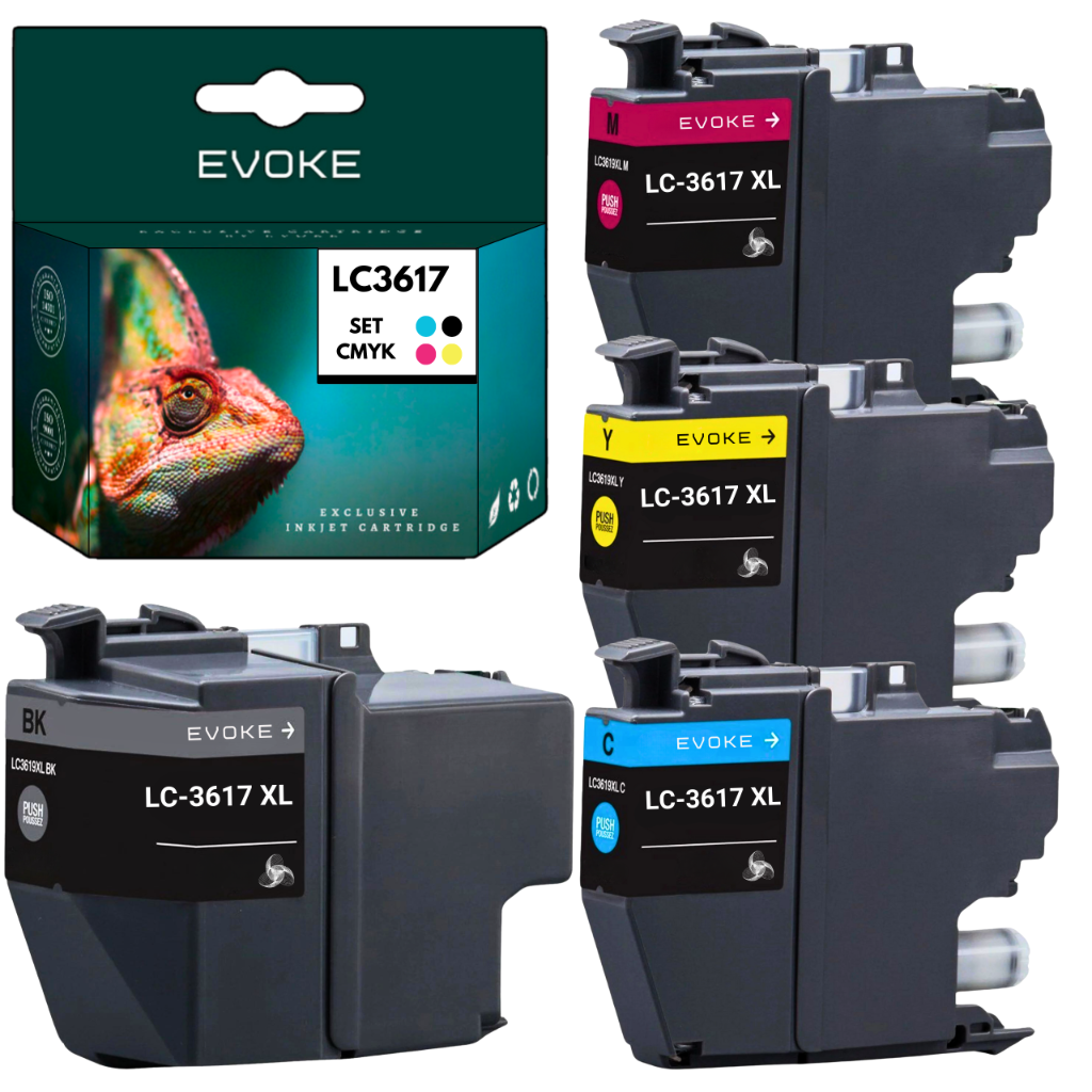 Zestaw wkładów atramentowych z kameleonem na pudełku i wkładami w kolorze czarnym, magenta, żółtym i cyjanu. Każdy oznaczony LC-3617 XL.