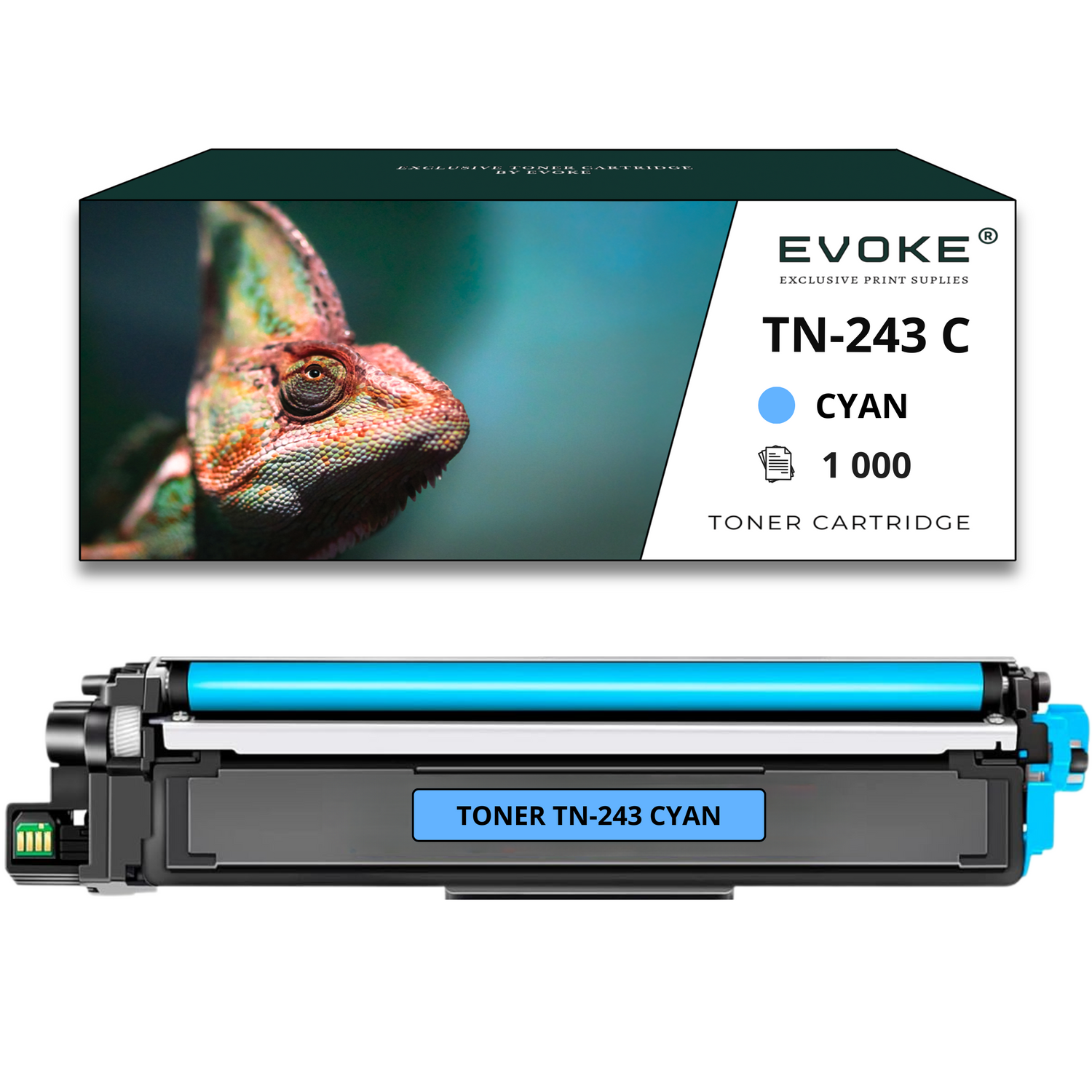 Kameleon na pudełku z napisem 'TN-243 C CYAN Toner Cartridge'. Poniżej wkład z tonerem cyjanowym.