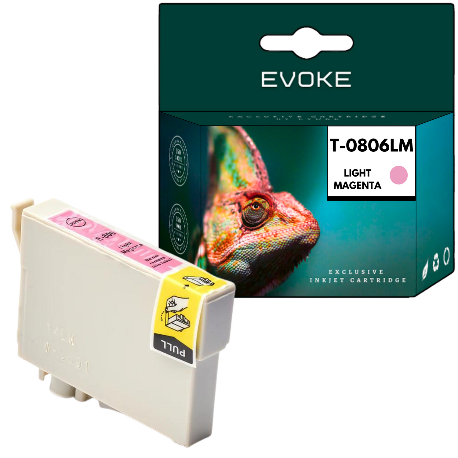 Wkład atramentowy z tuszem magenta i pudełko ze zdjęciem kameleona. Na pudełku napis 'Evoke' i 'Exclusive Inkjet Cartridge'.