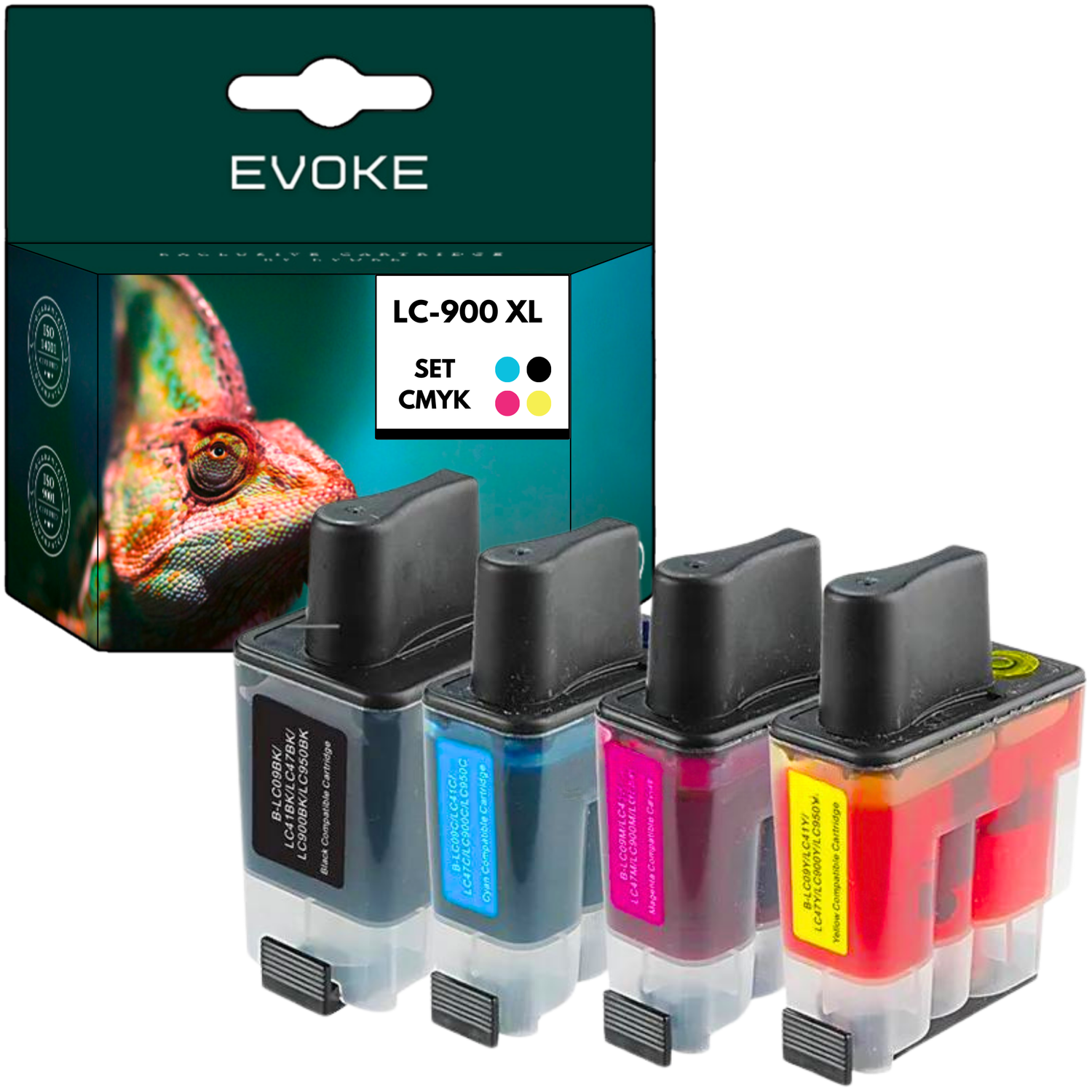 Zestaw wkładów atramentowych CMYK, czarny, cyjan, magenta i żółty. Pudełko ze zdjęciem kameleona w tle.