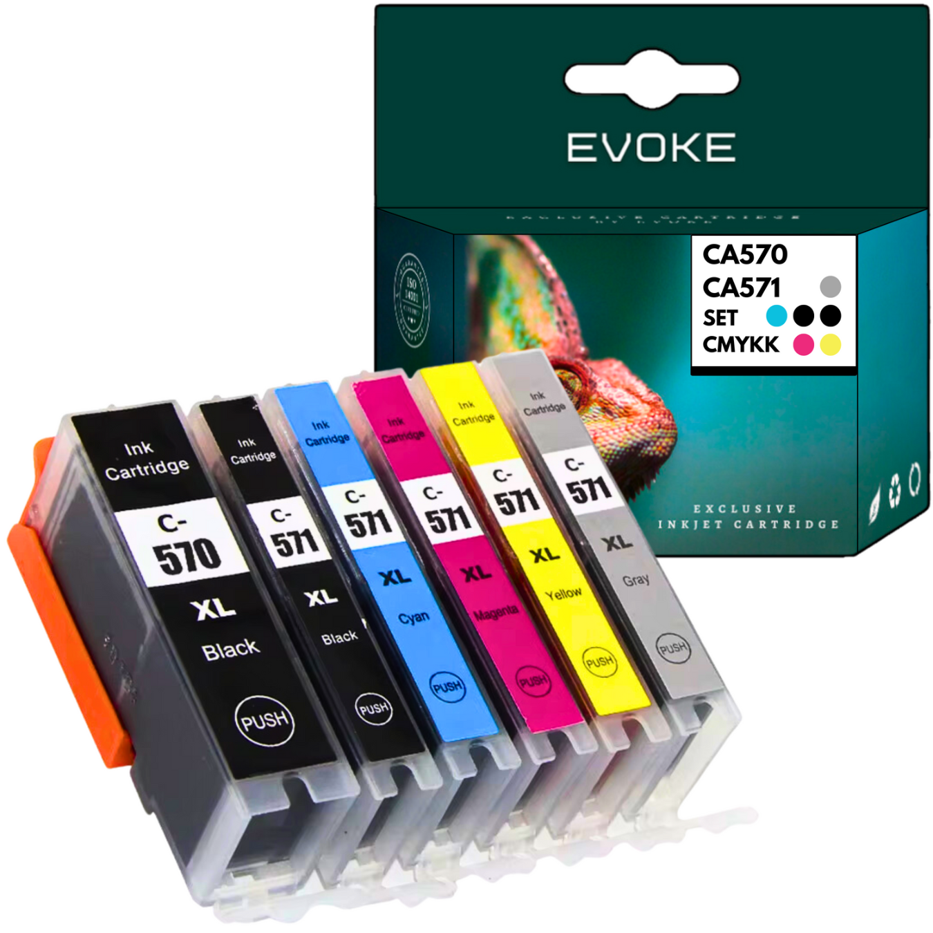 Kartridże z tuszem w kolorze czarnym, cyjanowym, magenta, żółtym i szarym, z pudełkiem przedstawiającym kameleona i szczegóły kartridża.