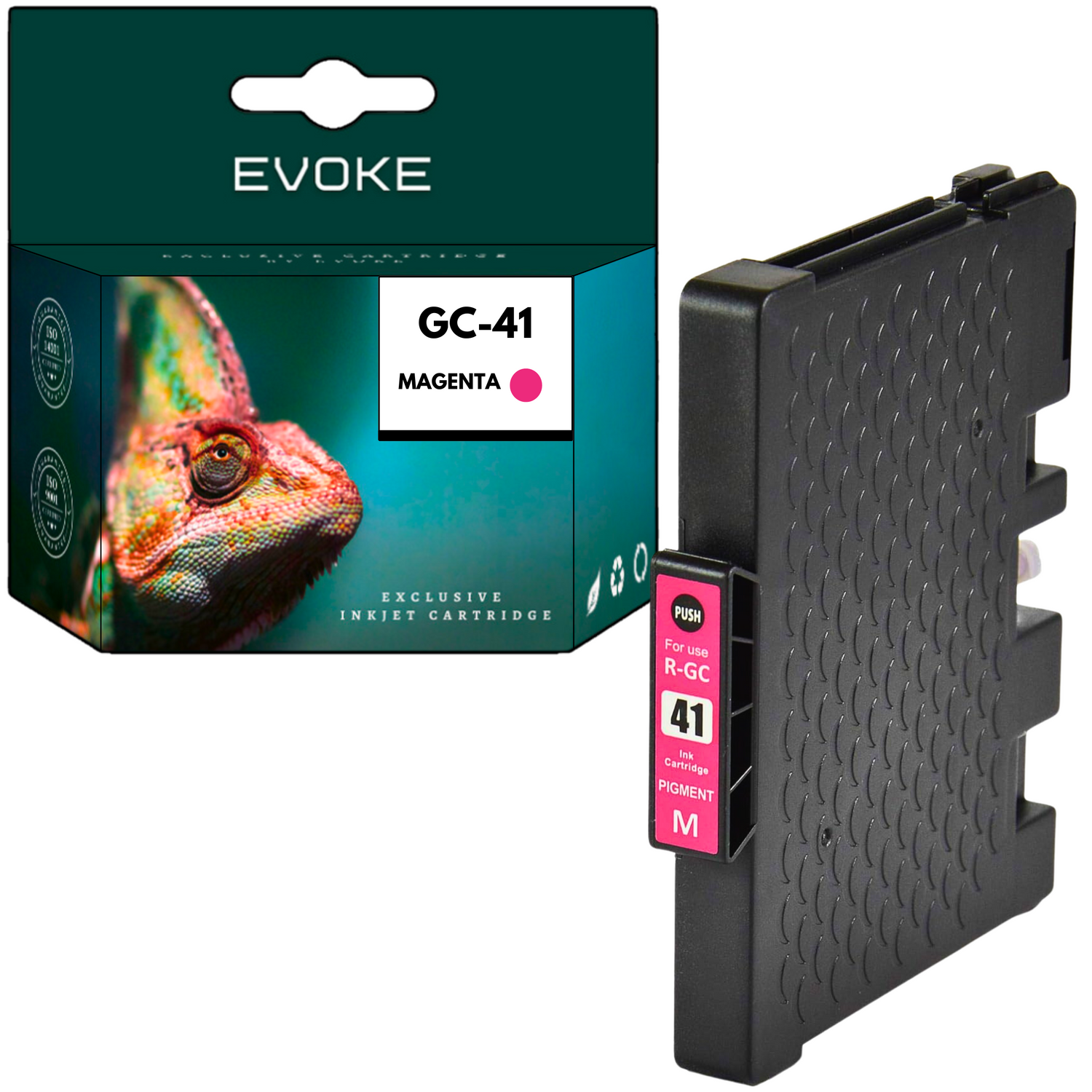 Pudełko z wkładem atramentowym i oddzielny wkład. Pudełko przedstawia kameleona. Wkład magenta jest czarny z magenta etykietą.