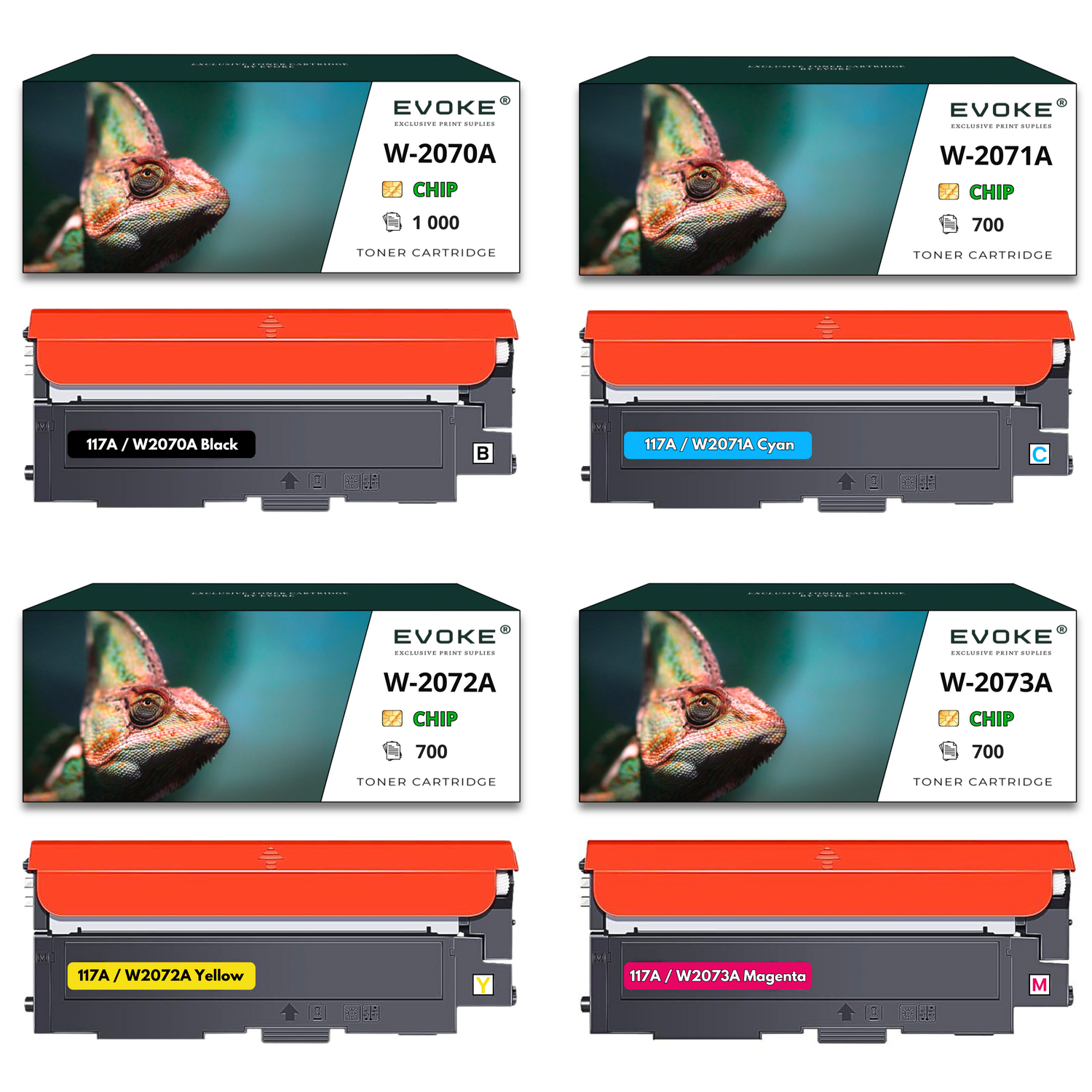 Obraz przedstawia wkłady z tonerem do drukarki. Każdy ma obraz kameleona i oznaczone kolorami etykiety, w tym czarny, cyjan, żółty i magenta.