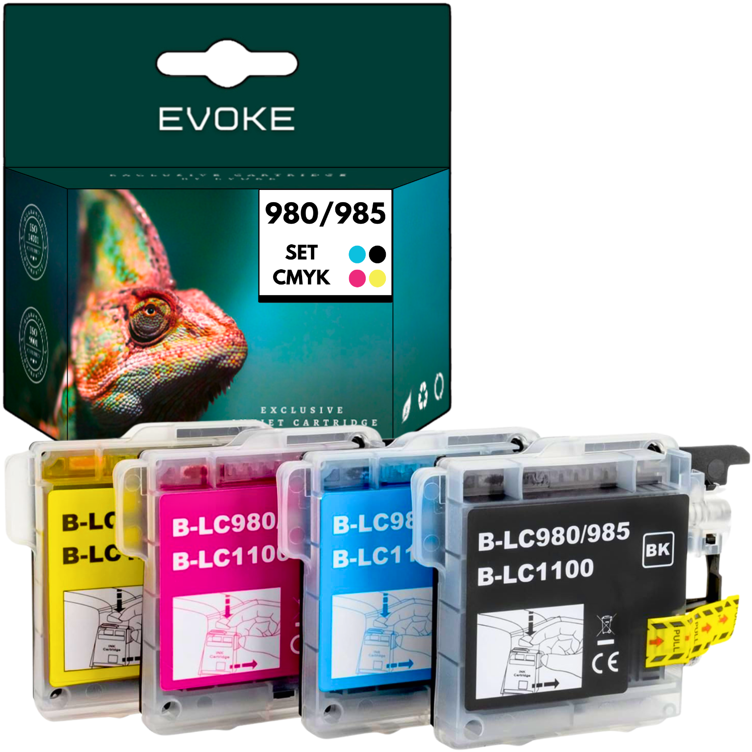Zestaw wkładów atramentowych w kolorach CMYK. Pudełko ze zdjęciem kameleona oraz żółty, magenta, cyjan i czarny wkład.