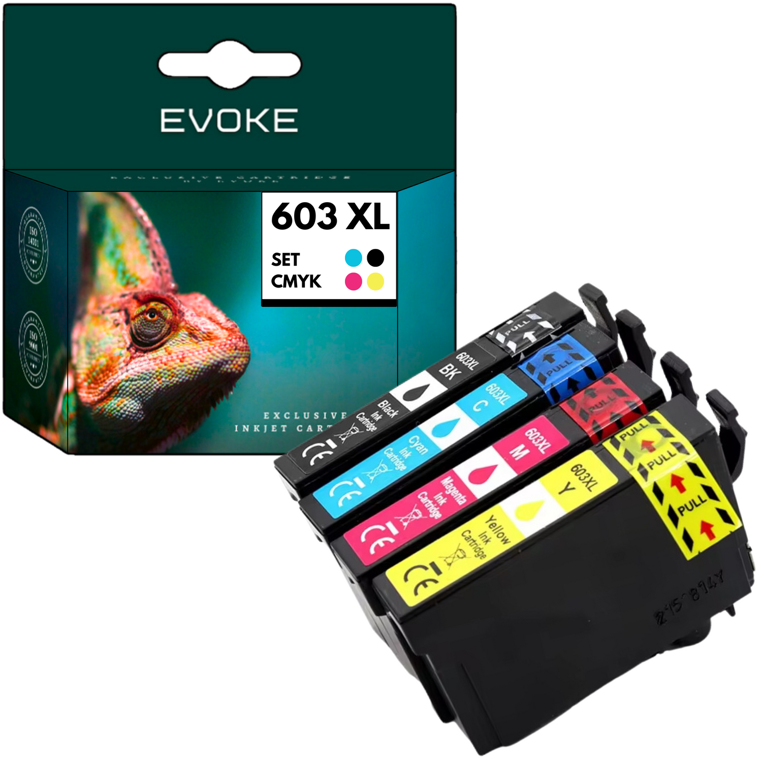 Obraz przedstawia zestaw wkładów atramentowych Evoke. Zawiera wkłady czarne, cyjanowe, magenta i żółte. W tle kameleon.