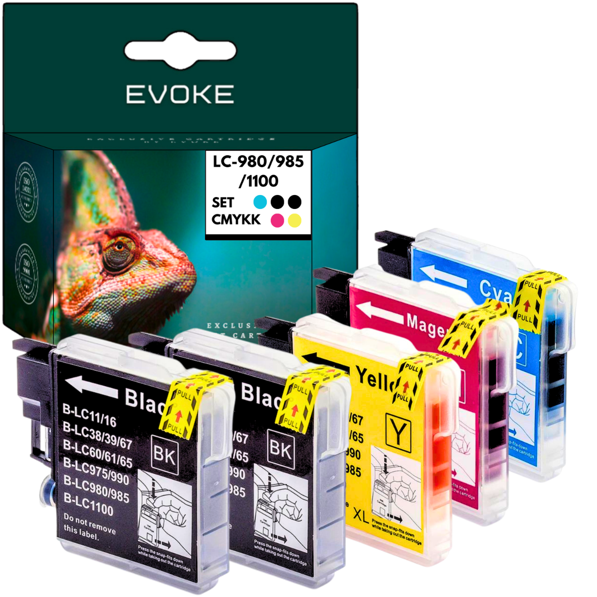 Kartridże z tuszem, czarny, żółty, magenta, cyjan. Na pudełku napis EVOKE, LC-980/985/1100. W tle kameleon.