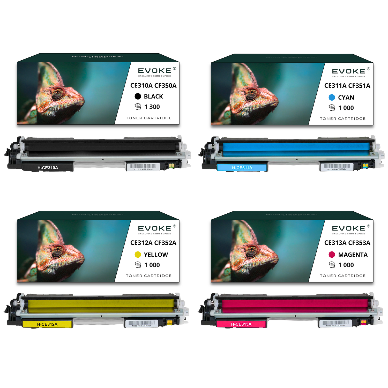 Cztery wkłady z tonerem do drukarki: czarny, cyjan, żółty i magenta, z widocznymi pudełkami i wkładami.