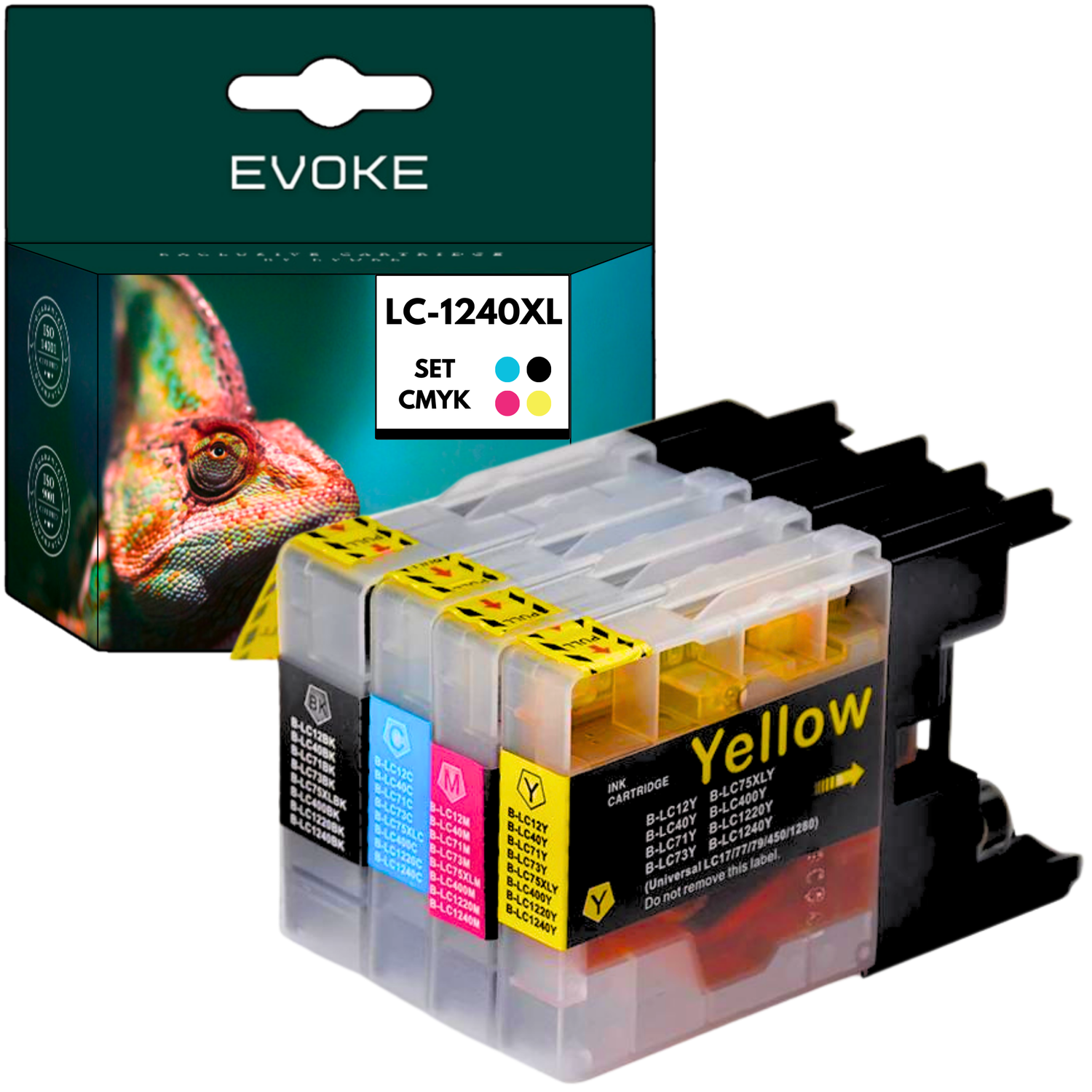 Kartridże atramentowe w kolorach CMYK z pudełkiem z kameleonem. Kartridże są oznaczone, w tym "Żółty" i "LC-1240XL".