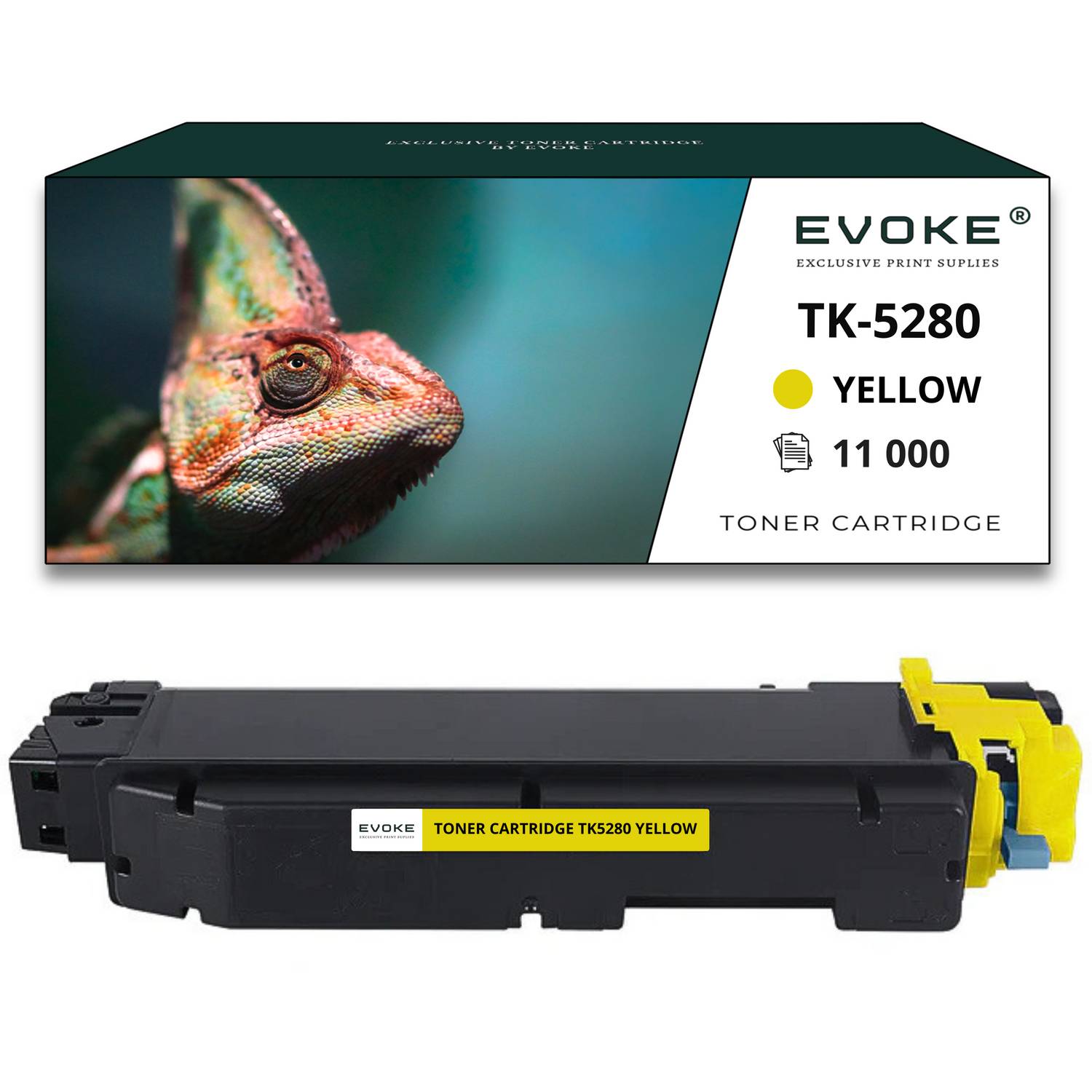 Kameleon na pudełku z napisem 'EVOKE TK-5280 YELLOW Toner Cartridge'. Poniżej żółty wkład do drukarki.