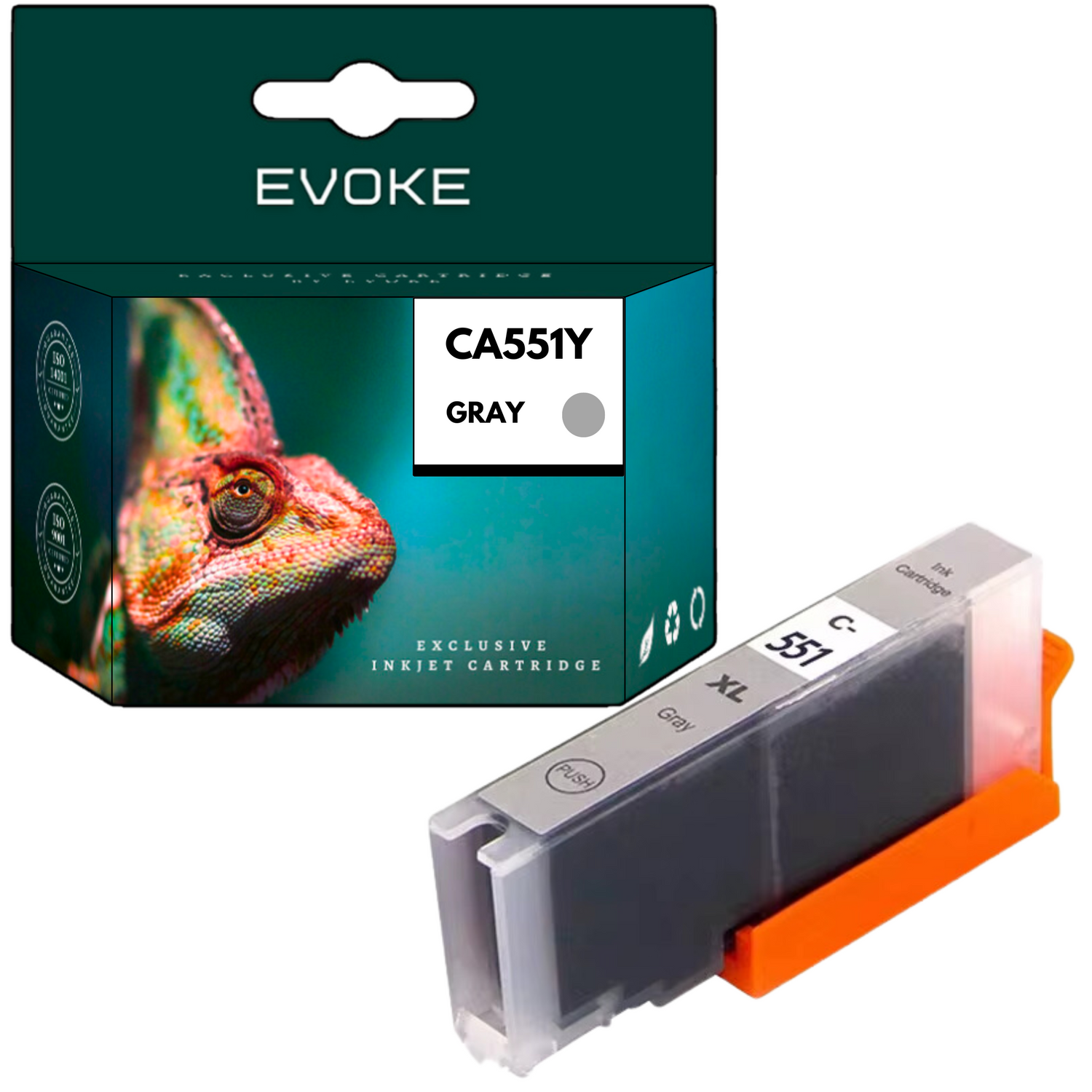 Pudełko z wkładem atramentowym z wizerunkiem kameleona i szarym wkładem atramentowym z pomarańczowym uchwytem.