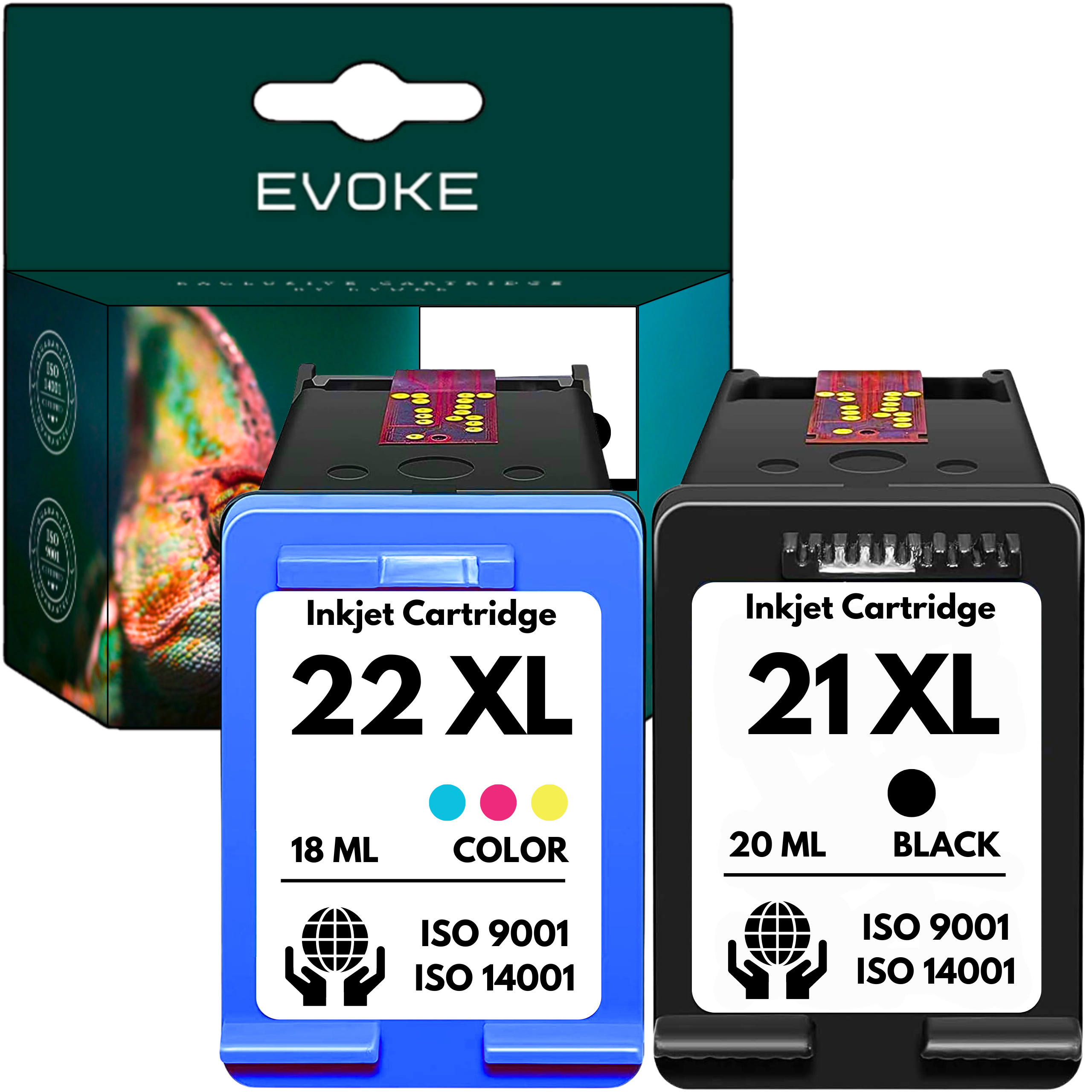 Pudełko z wkładami atramentowymi z dwoma wkładami, niebieskim i czarnym, oznaczonymi 22 XL Color i 21 XL Black.