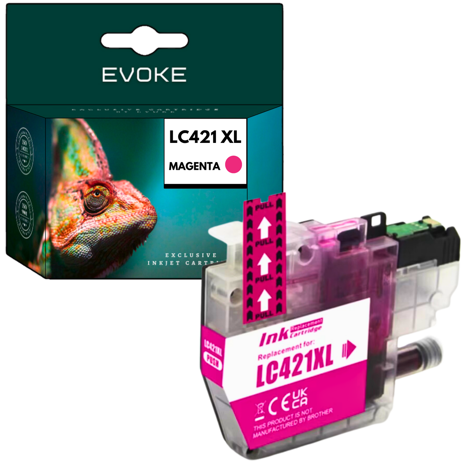 Magenta wkład atramentowy i pudełko. Pudełko ma wizerunek kameleona i napis 'LC421 XL MAGENTA'. Wkład ma napis 'LC421 XL'.
