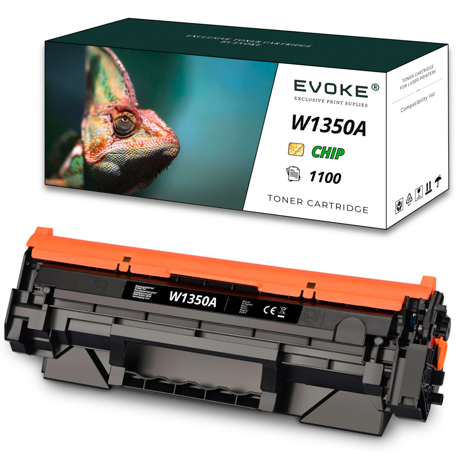 Pudełko z tonerem ze zdjęciem kameleona i sam wkład. Na pudełku widać 'W1350A' i markę 'EVOKE'.