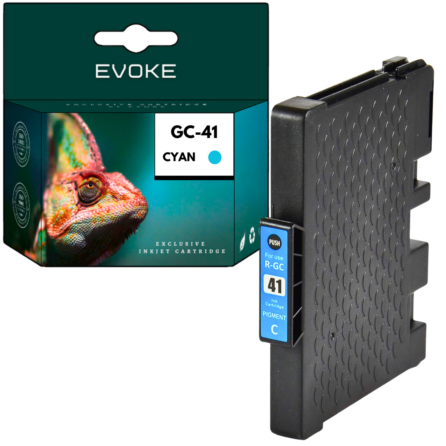 Obraz przedstawia pudełko z wkładem atramentowym Evoke i czarny wkład. Pudełko ma obraz kameleona. Wkład to GC-41 CYAN.