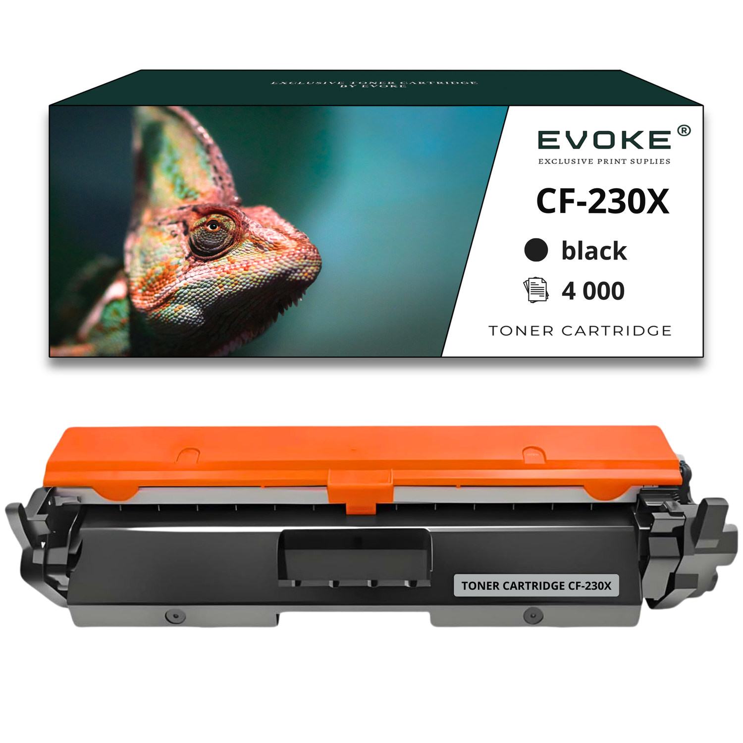 Kameleon na pudełku z tonerem marki "Evoke". Kaseta jest czarna i pomarańczowa.
