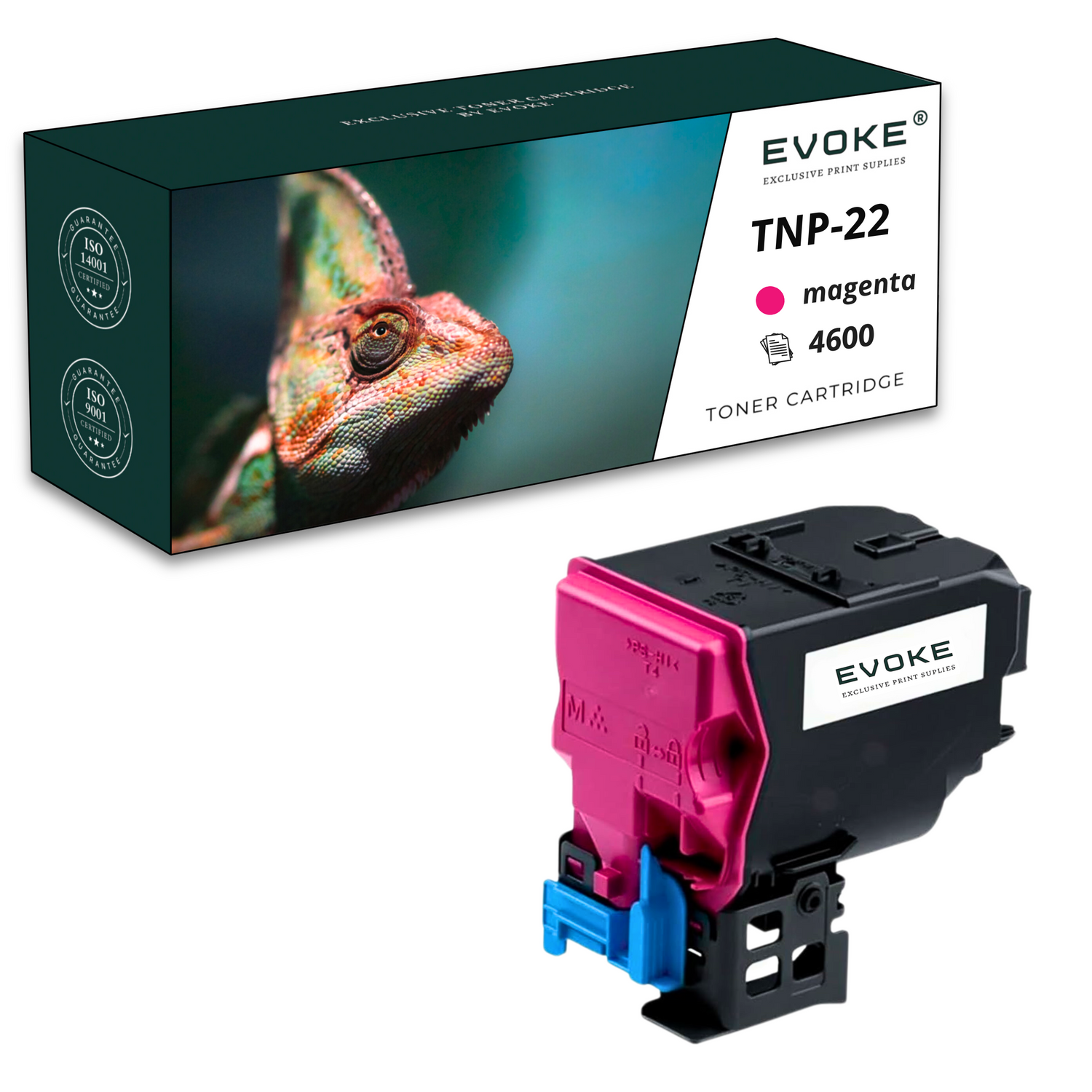 Pudełko z tonerem i sam wkład. Pudełko zawiera wizerunek kameleona i szczegóły produktu. Wkład jest w kolorze magenta.