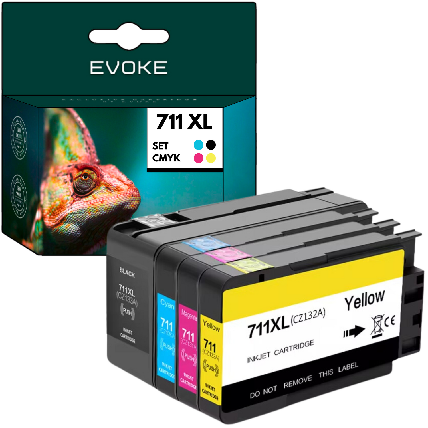 Kartridże do drukarek atramentowych. Widoczne kartridże czarny, cyjanowy, magenta i żółty. Na pudełku znajduje się zdjęcie kameleona. Marka to Evoke.