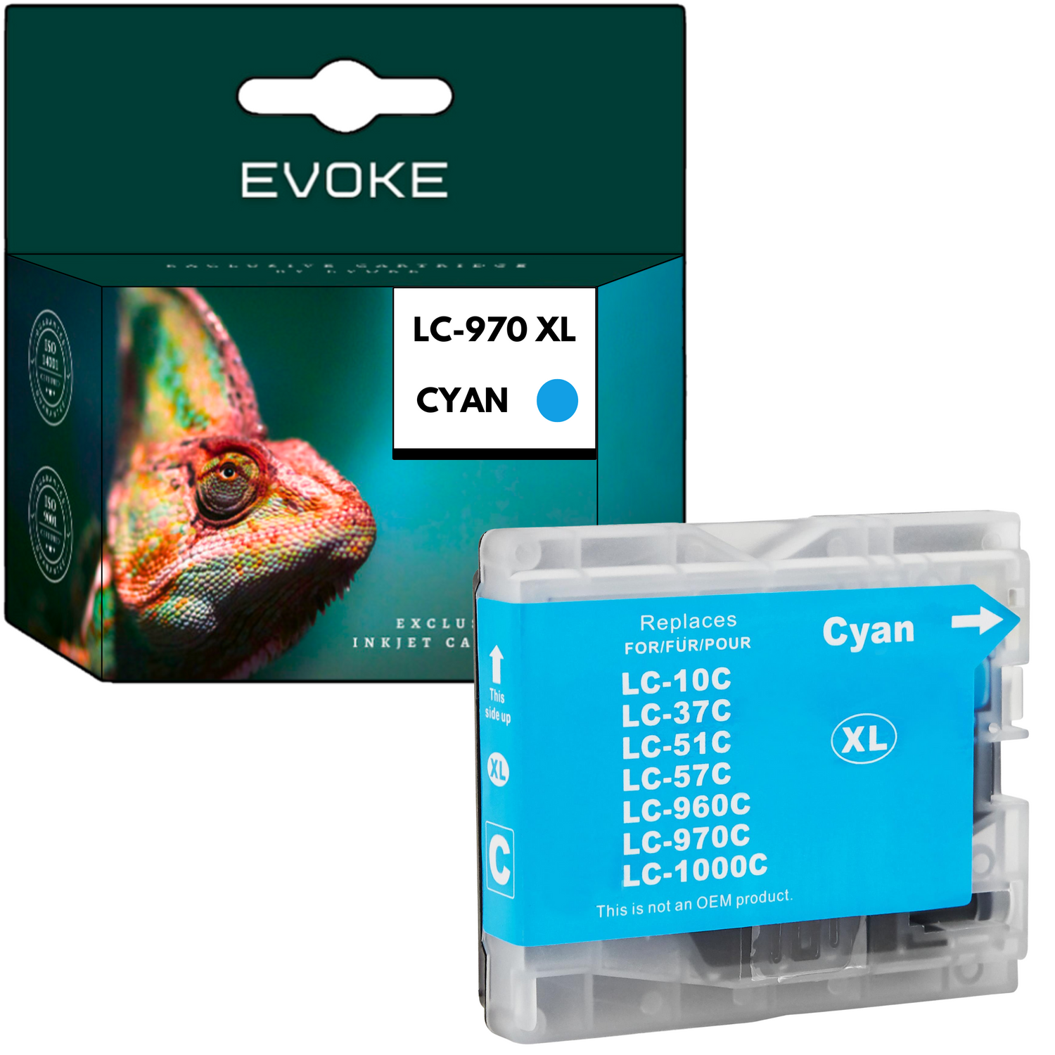 Obraz przedstawia pudełko z wkładem atramentowym Evoke i wkład atramentowy w kolorze cyjanu. Na pudełku widać kameleona. Na wkładzie napis 'Cyjan' i 'LC-970C'.