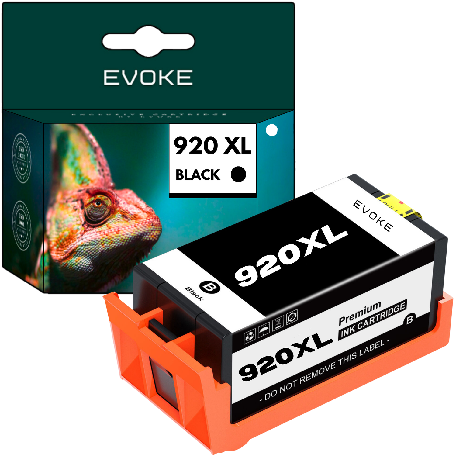 Una cartuccia d'inchiostro Evoke 920XL in bianco e nero in un supporto arancione, accanto a una scatola con l'immagine di un camaleonte e la scritta 920 XL BLACK.