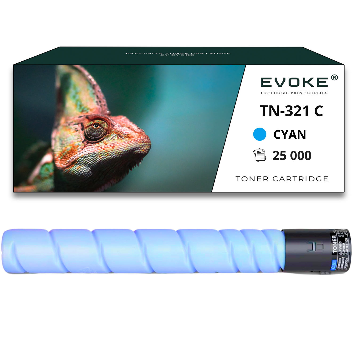 Un camaleonte con sfumature verdi, arancioni e rosse su sfondo verde acqua. Sotto, una cartuccia di toner ciano e la scatola.