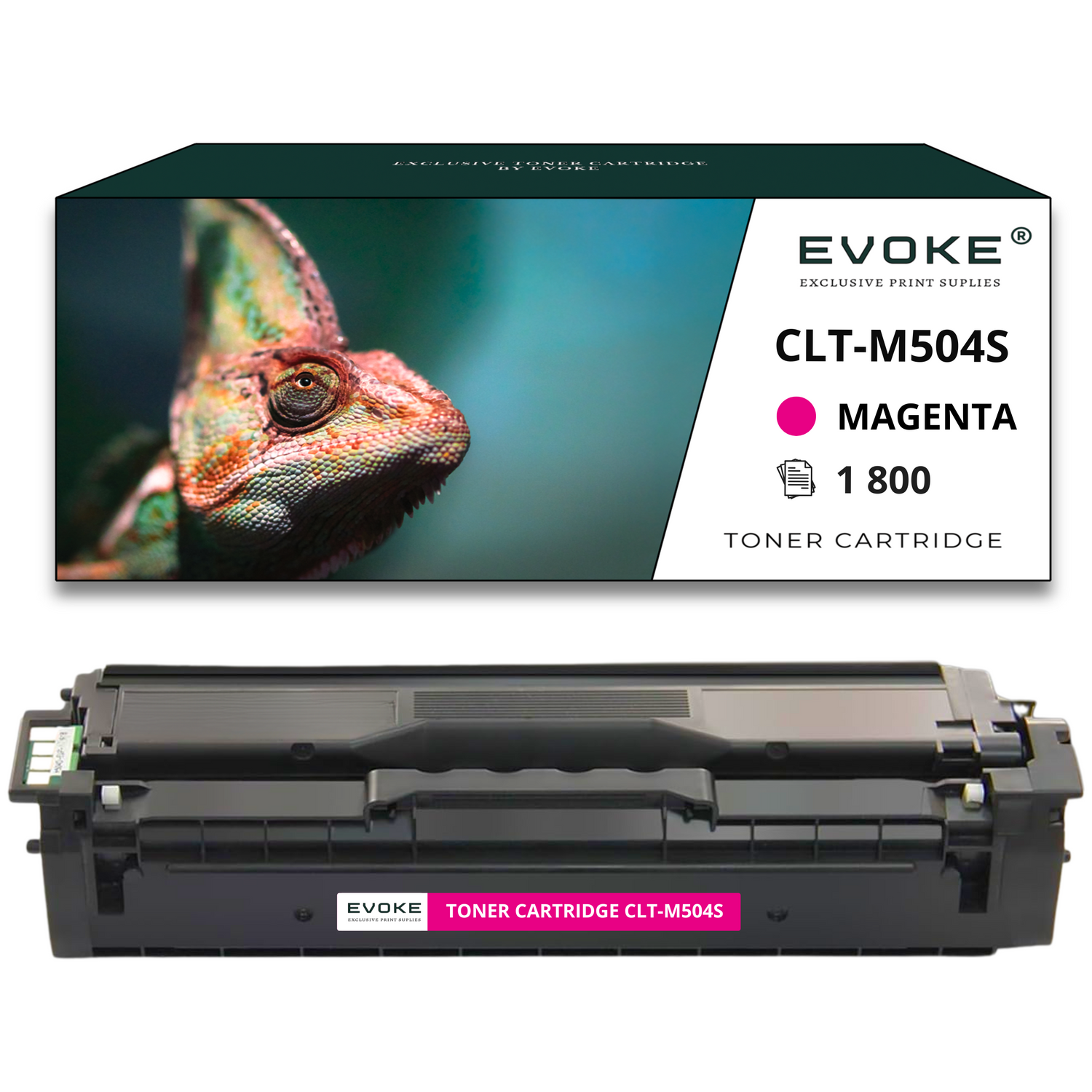 Kameleon na pudełku z tonerem. Na pudełku napis CLT-M504S, kolor magenta i 1800. Toner jest czarny.
