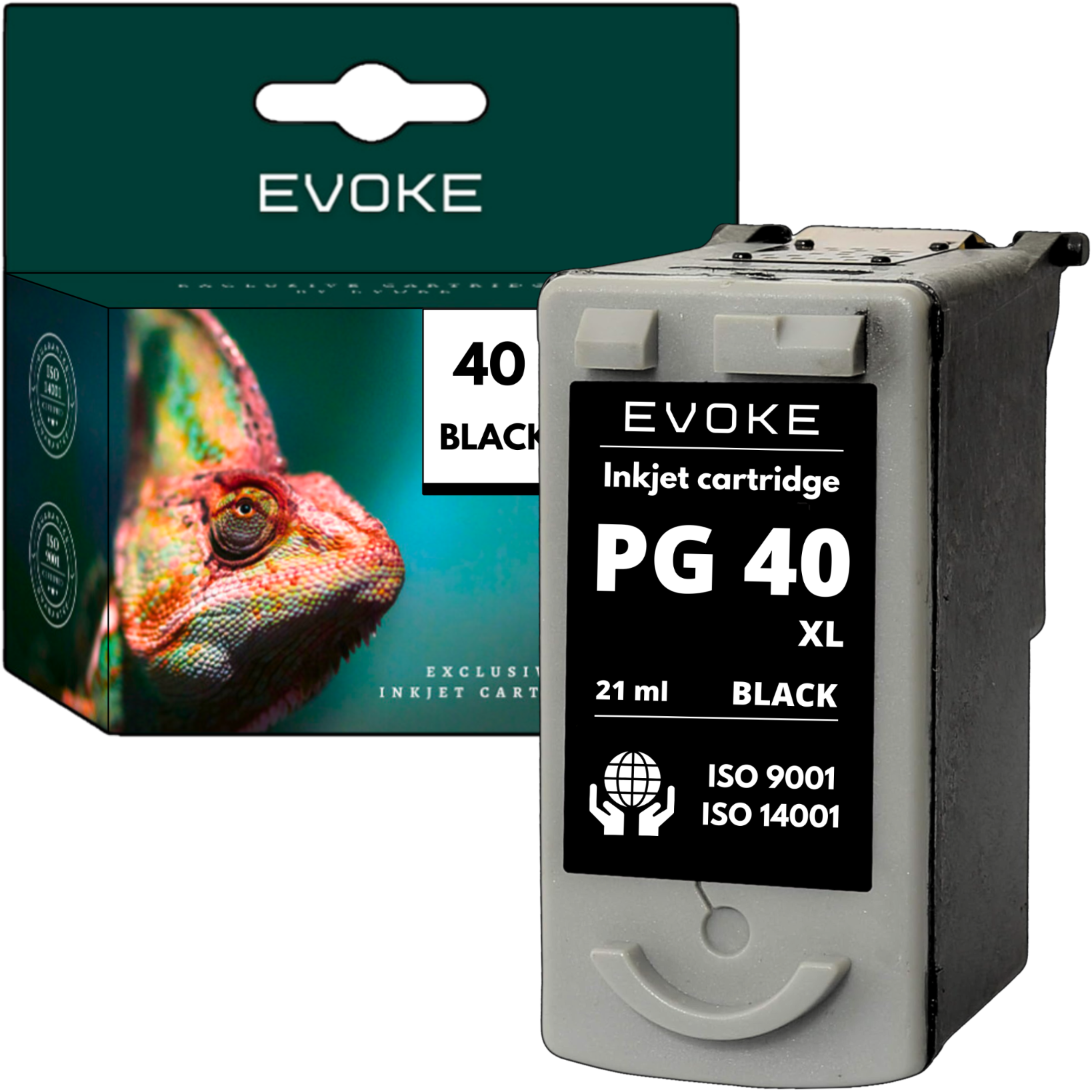 Pokazano czarny wkład atramentowy Evoke PG 40 XL i jego pudełko, z wizerunkiem kameleona na pudełku.