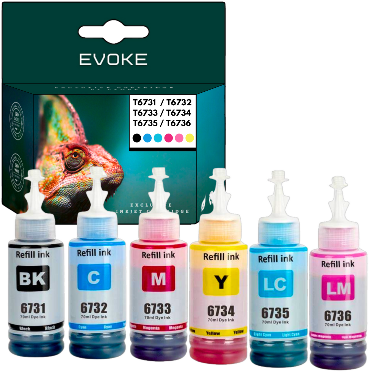 Sześć butelek z tuszem do napełniania oznaczonych BK, C, M, Y, LC i LM. Z tyłu pudełko ze zdjęciem kameleona.