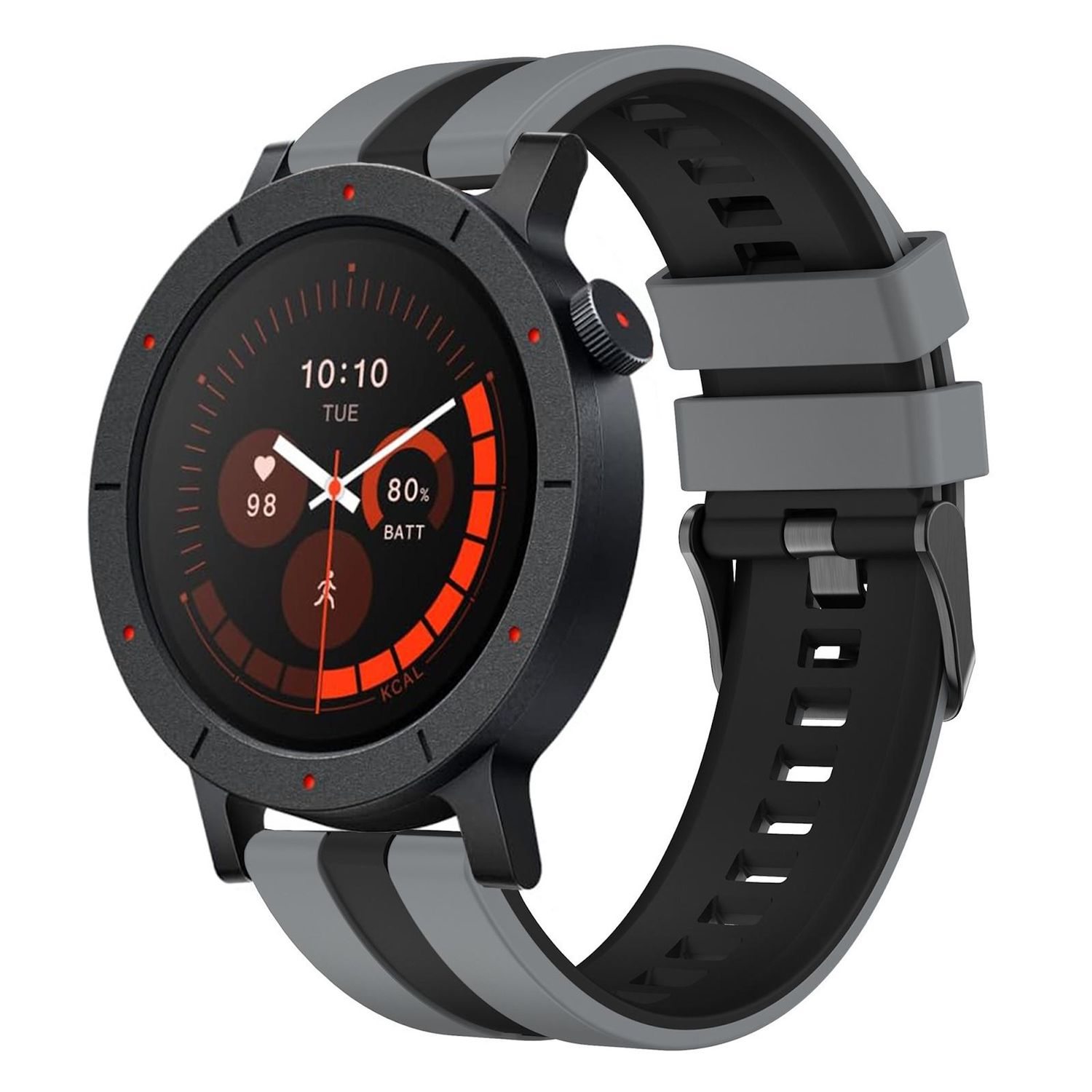 Eine Smartwatch mit schwarzem Gehäuse und grau-schwarzem Armband. Der Bildschirm zeigt Zeit, Akku und Gesundheitsmetriken in Rot an.