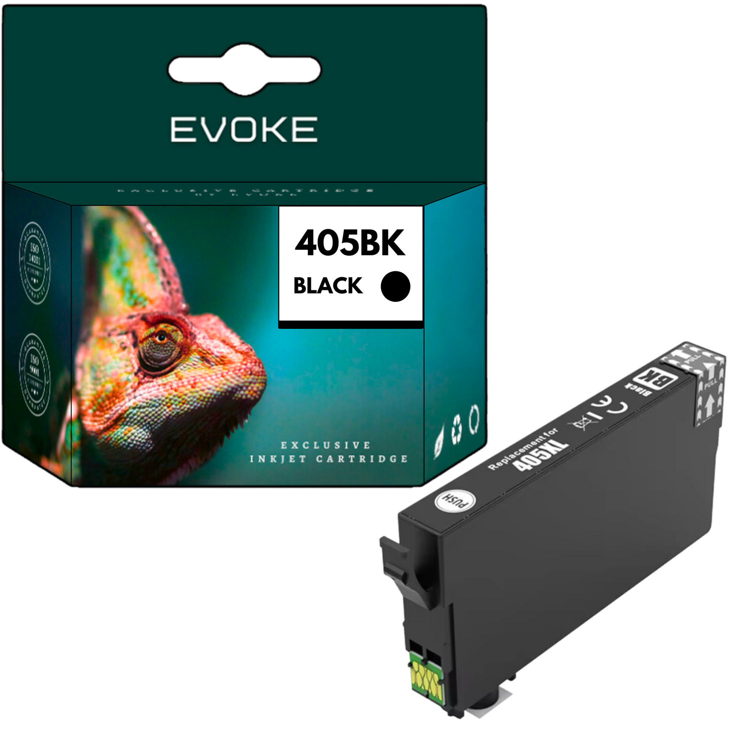Obraz przedstawia wkład atramentowy i jego pudełko. Pudełko ma zdjęcie kameleona i tekst '405BK BLACK'. Wkład jest czarny.