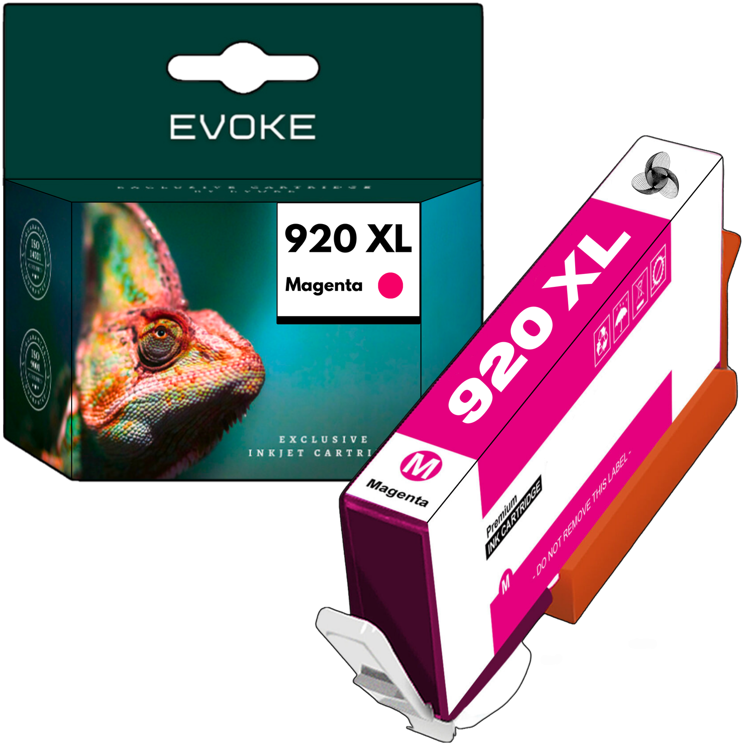 Pudełko z wkładem atramentowym i wkład. Pudełko ma obraz kameleona. Wkład jest w kolorze magenta z etykietą 920 XL.