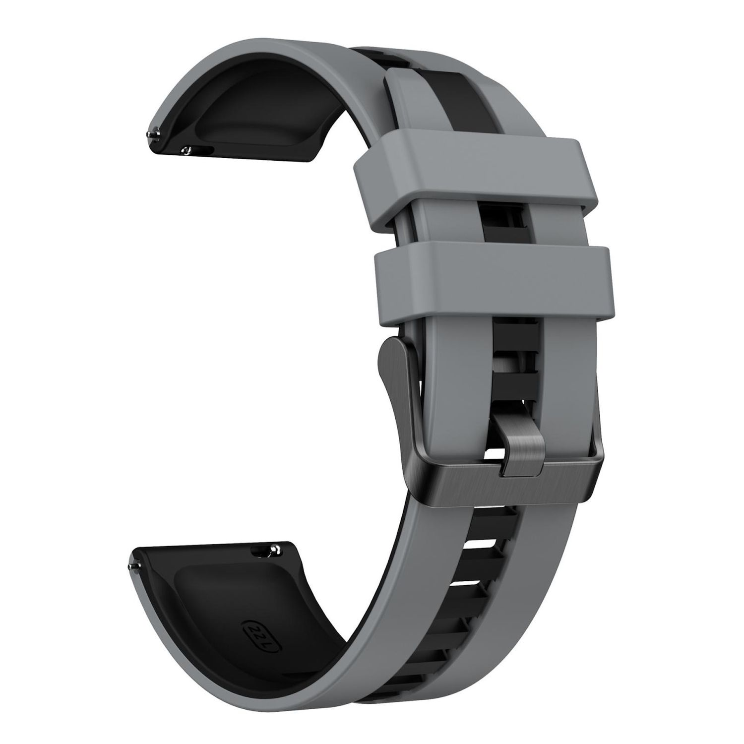 Ein graues und schwarzes Armband für eine Smartwatch. Das Armband ist gebogen und hat eine Metallschnalle. Auf dem Armband steht 22L.