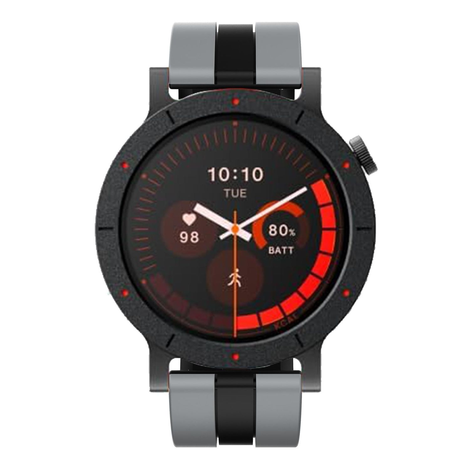 Eine Smartwatch zeigt Zeit, Gesundheitsdaten und Akkulaufzeit an. Sie hat ein schwarzes Gehäuse, graue und schwarze Armbänder und einen rot-schwarzen Bildschirm.