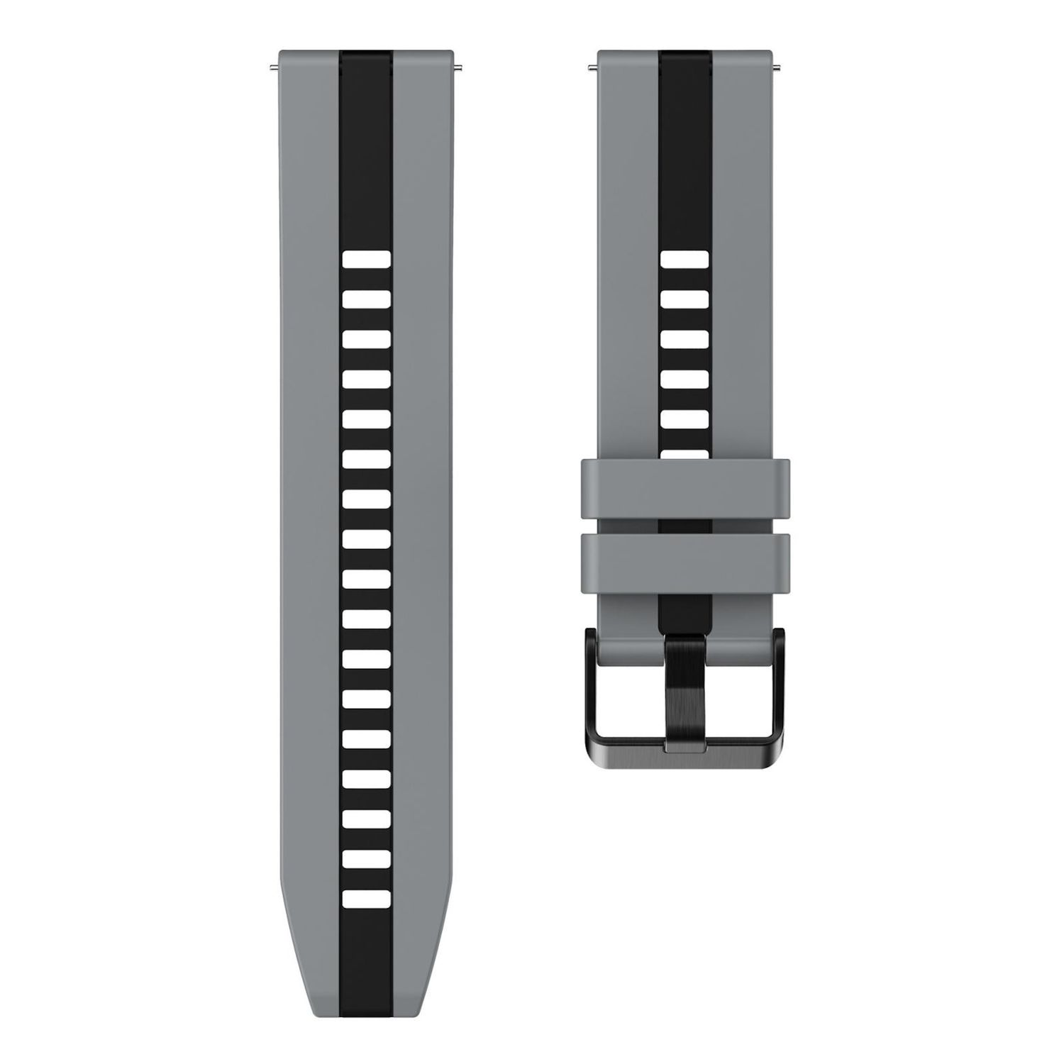 Zwei graue Uhrenarmbänder mit schwarzen Akzenten. Ein Armband hat eine Schnalle. Beide Armbänder haben rechteckige Ausschnitte in der Mitte.