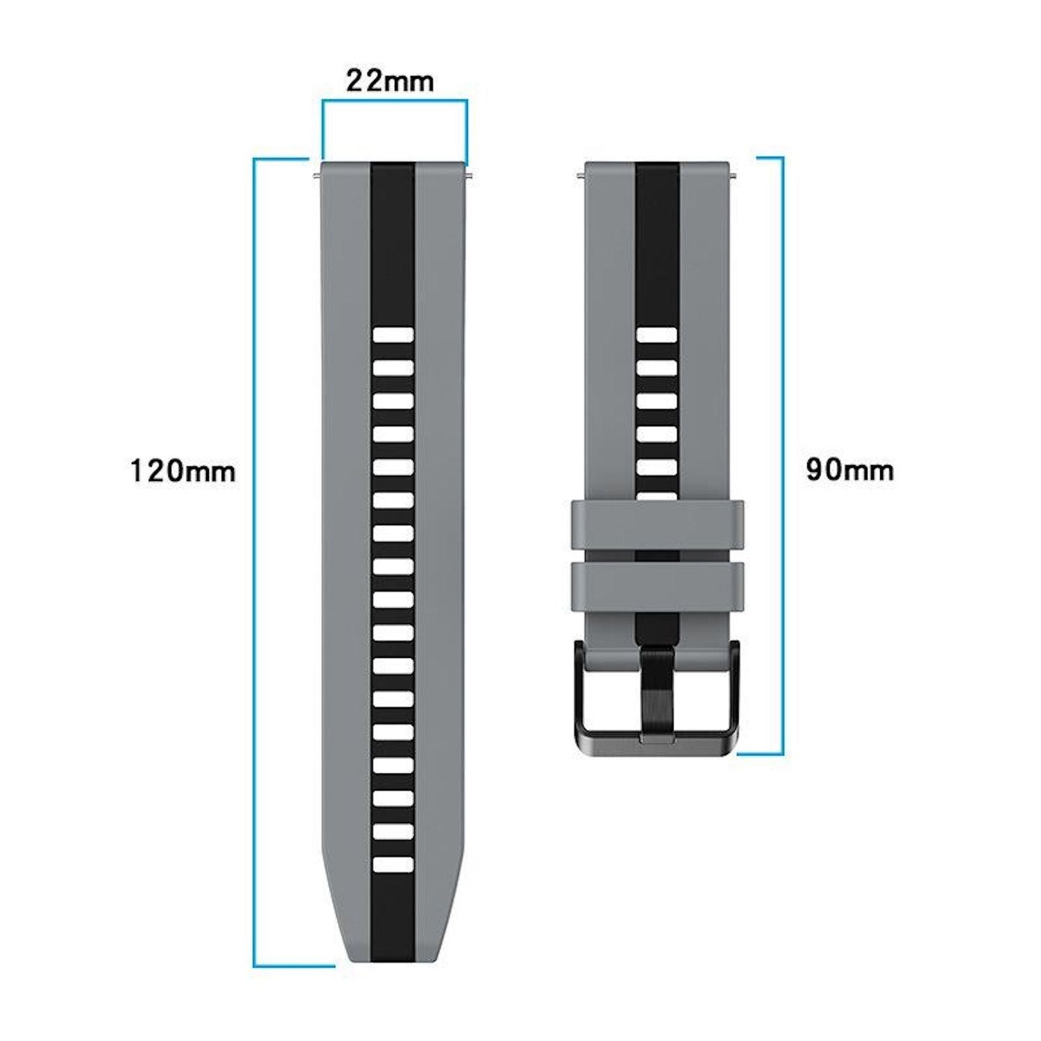 Zwei graue Uhrenarmbänder mit Maßangaben. Eines ist 120 mm lang, das andere 90 mm. Breite ist 22 mm. Beide haben Löcher.