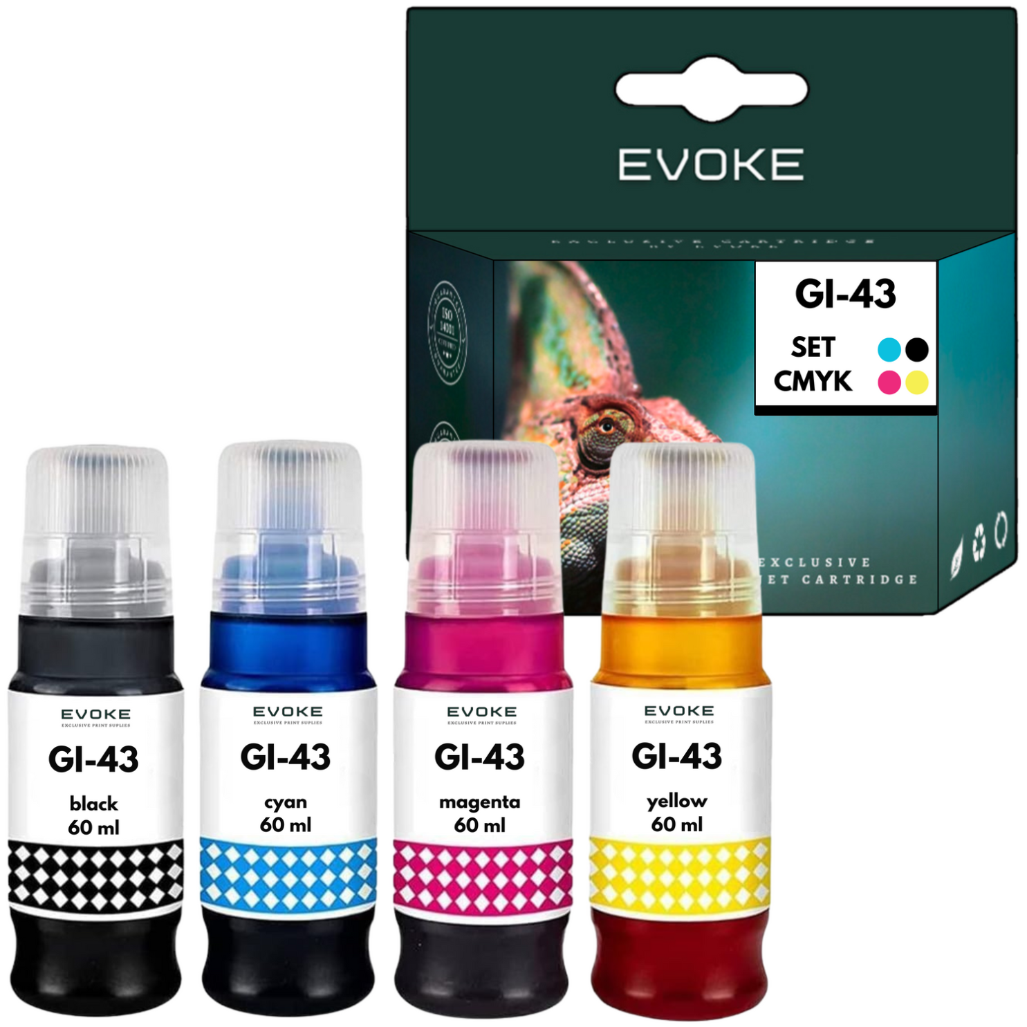 Cztery butelki z tuszem (czarny, cyjan, magenta, żółty) i pudełko. Pudełko i butelki są oznaczone GI-43, z kolorami CMYK.