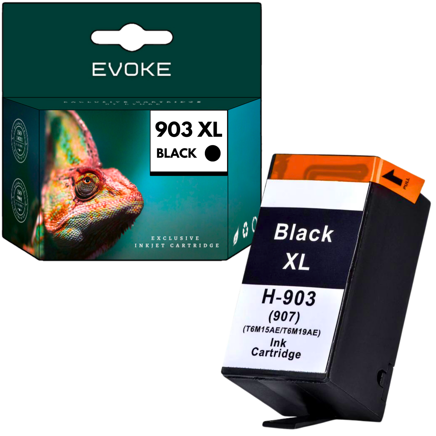 Obraz przedstawia pudełko z wkładem atramentowym Evoke i czarny wkład atramentowy. Pudełko ma wizerunek kameleona. Wkład oznaczony jest jako Black XL.