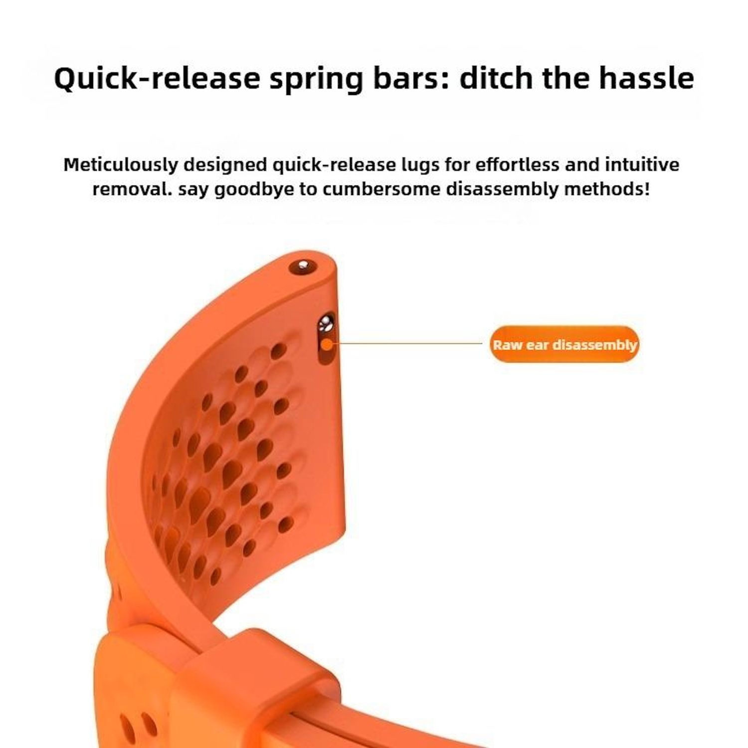 Orangenes Uhrenarmbandteil mit Text: Schnellspannfederstege. Text über einfaches Entfernen. Etikett: Rohe Ohrentfernung.