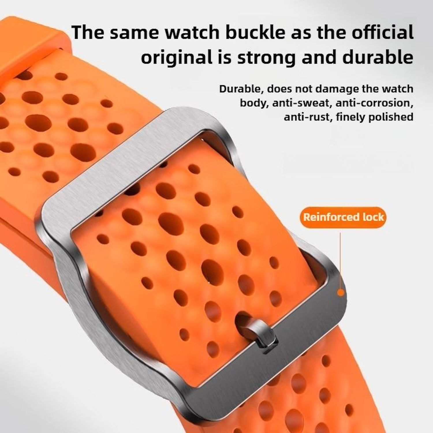 Nahaufnahme eines orangefarbenen Uhrenarmbands mit silberner Schnalle, Text erwähnt Haltbarkeit und Eigenschaften.