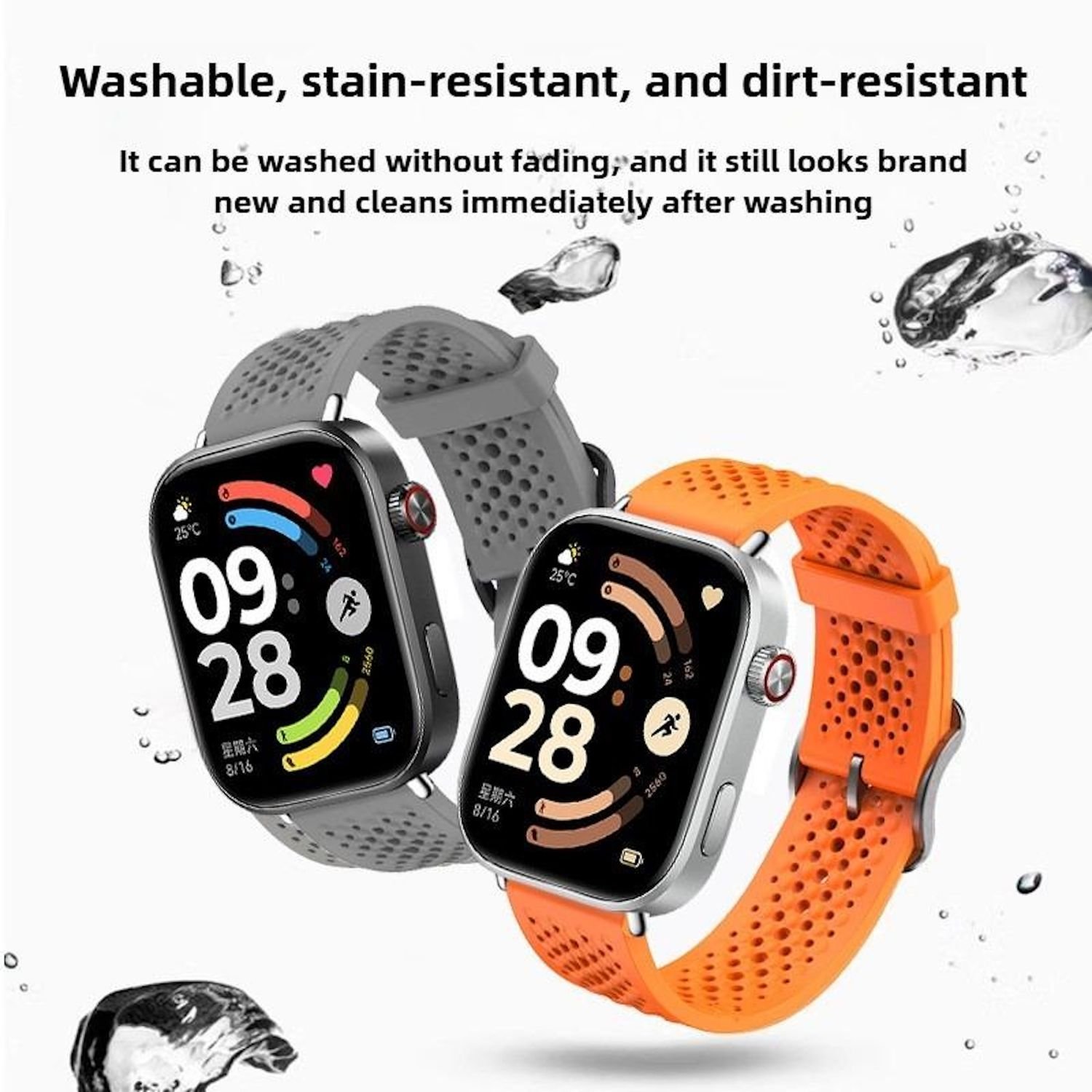 Zwei Smartwatches, eine graue und eine orangefarbene, die ihre Wasserbeständigkeit mit Wassertropfen zeigen.