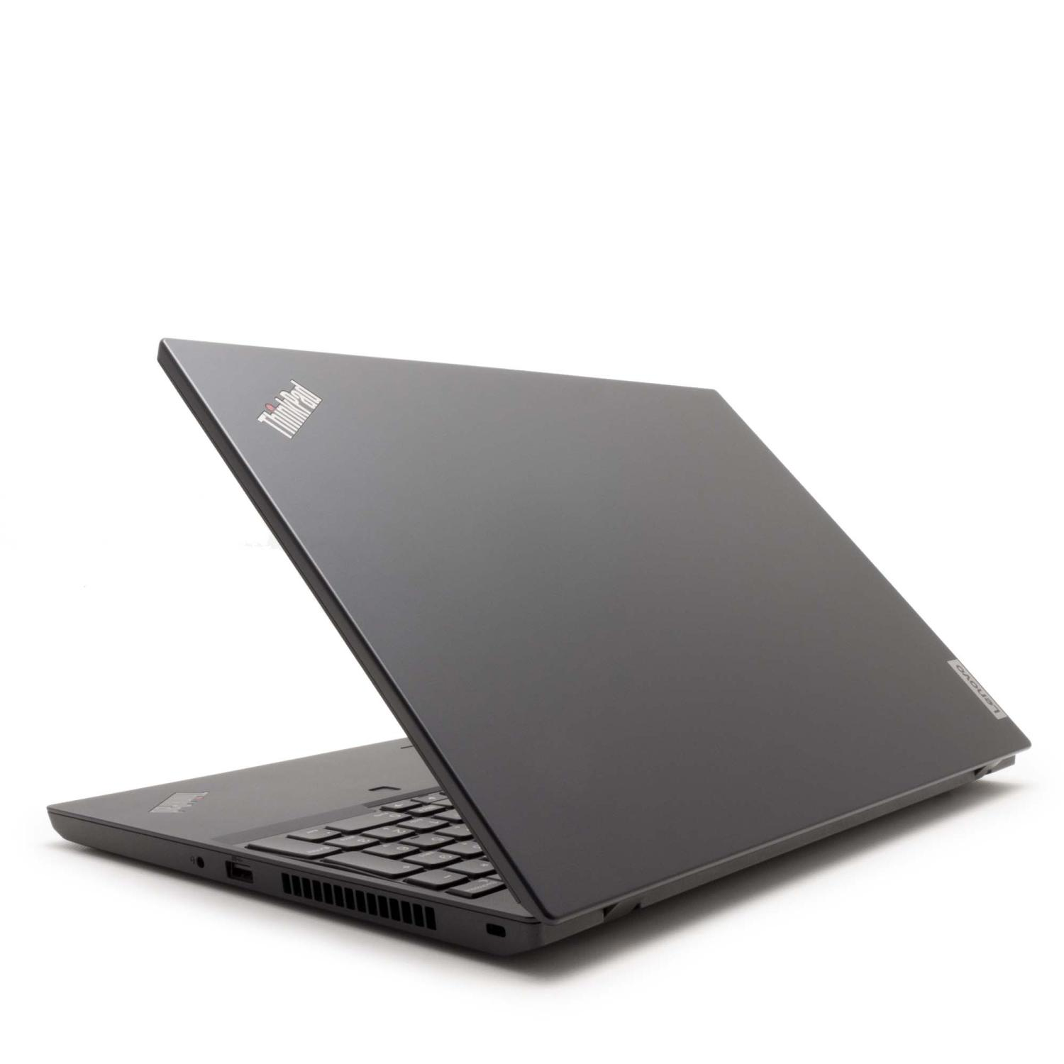 Ein graues ThinkPad-Laptop ist auf einer weißen Oberfläche geöffnet. Die Tastatur ist sichtbar und der Bildschirm ist geneigt.