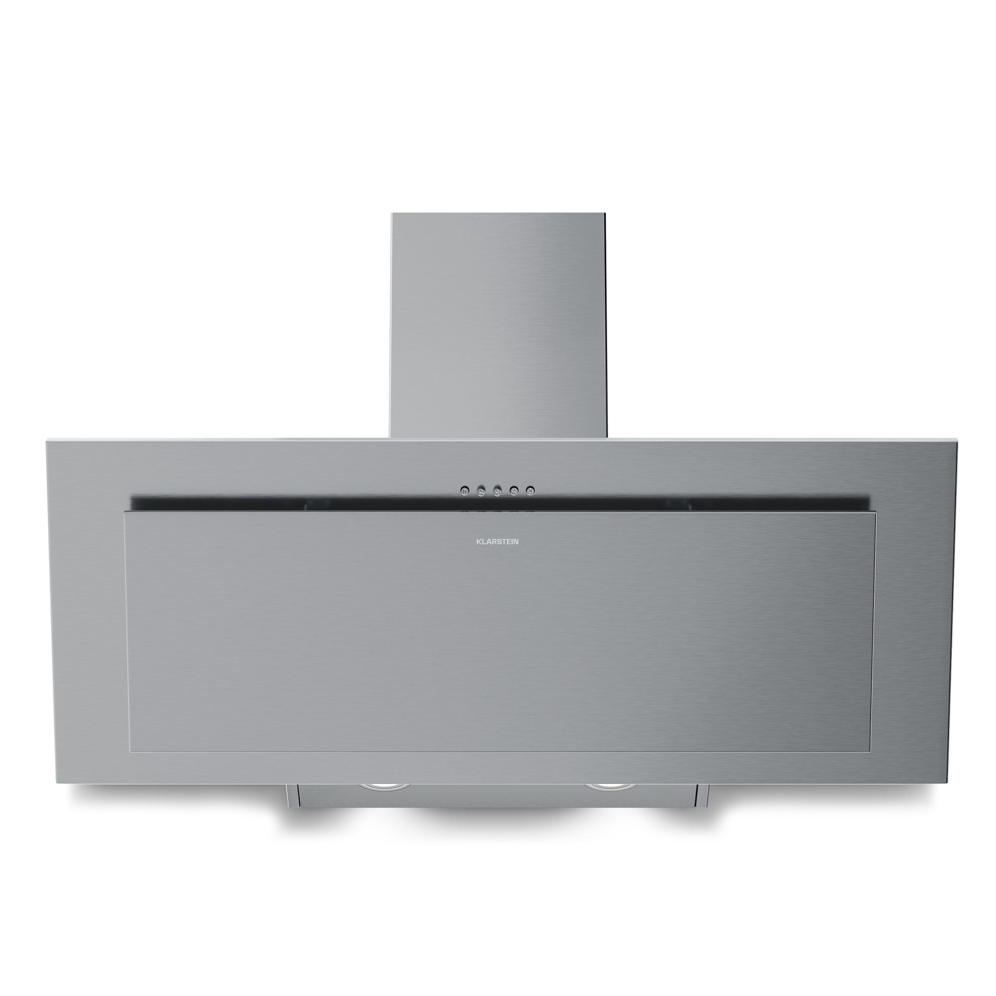 Una campana extractora Klarstein de acero inoxidable. Tiene forma rectangular, botones de control y dos luces en la parte inferior.