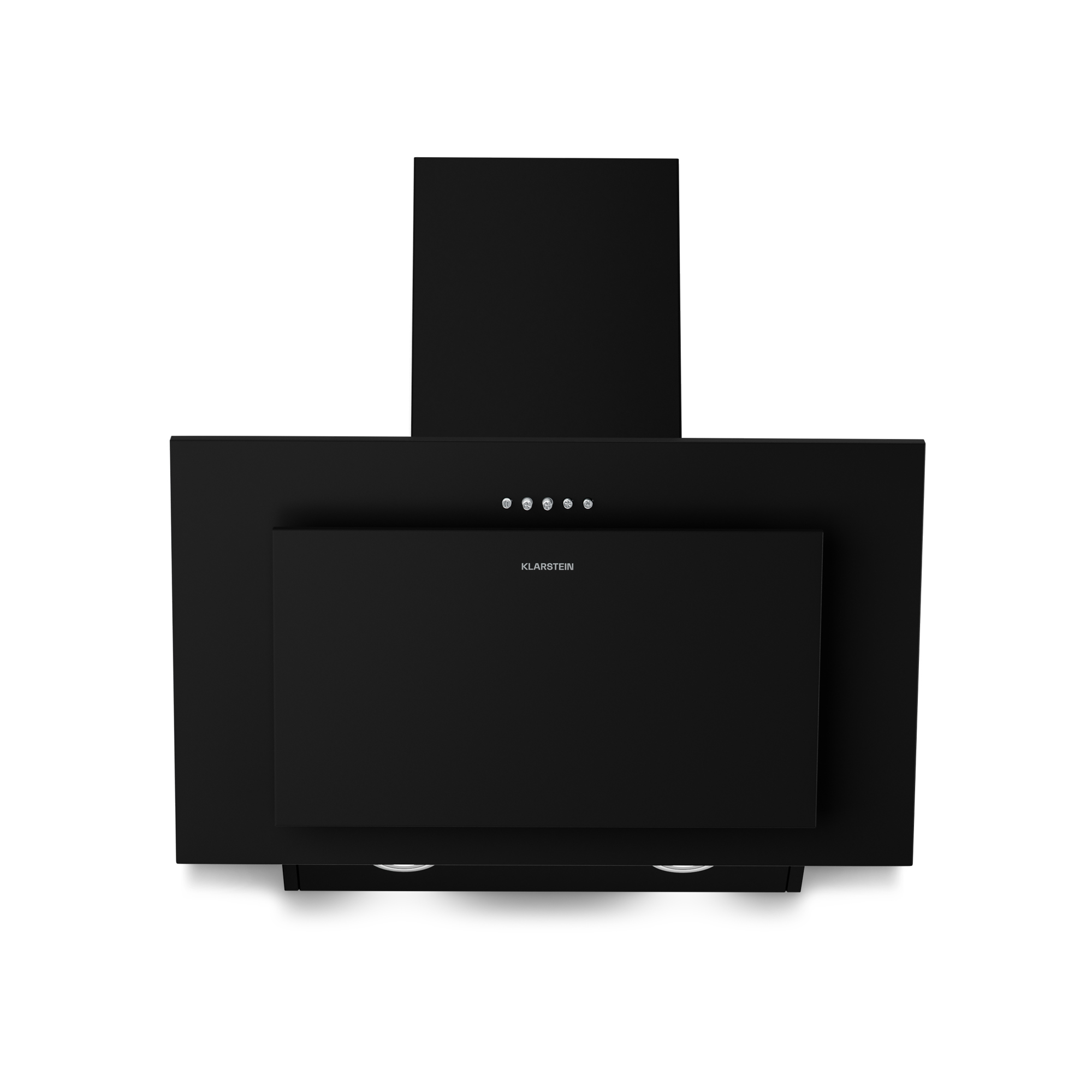 Una campana extractora Klarstein negra sobre fondo blanco. Diseño rectangular y cuatro botones de control.